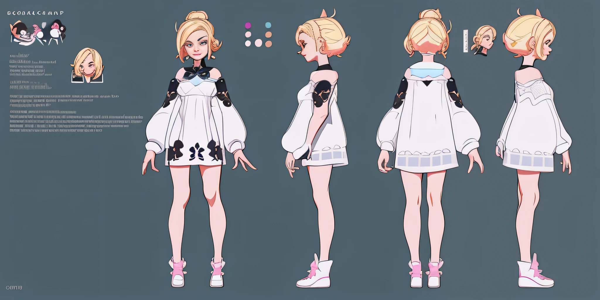 girl with blonde hair and white dress, comic character design, [ character design ], cute comic character design, comic character reference sheet, character design art, highly detailed character design, high quality character design, full body character design, comic concept art, detailed character design,  Detailed comic character art, interesting character design