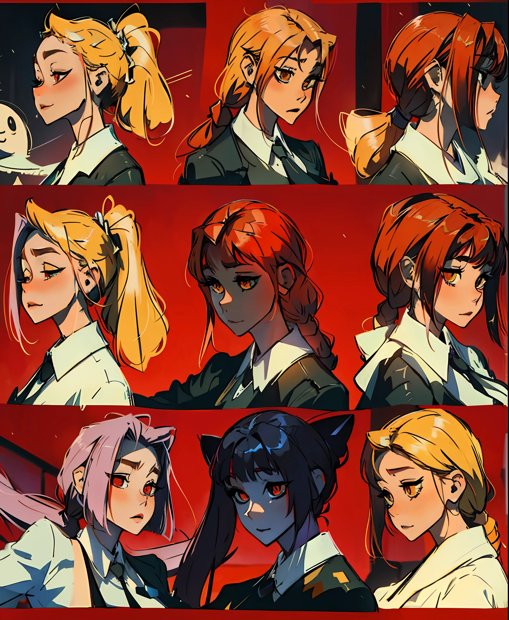 multiple views, character sheet, character design, concept art, sketch, expressions, poses, hairstyles, design, ideas, maya, makima style, villain, disney, genshin impact, manga, anime, ponytail, blonde hair, red aspect, full body, woman, arrogant, leader, fantasy, genshin impact, demonic cult, villain, religious, david star, concept art, various expressions, hairstyles,