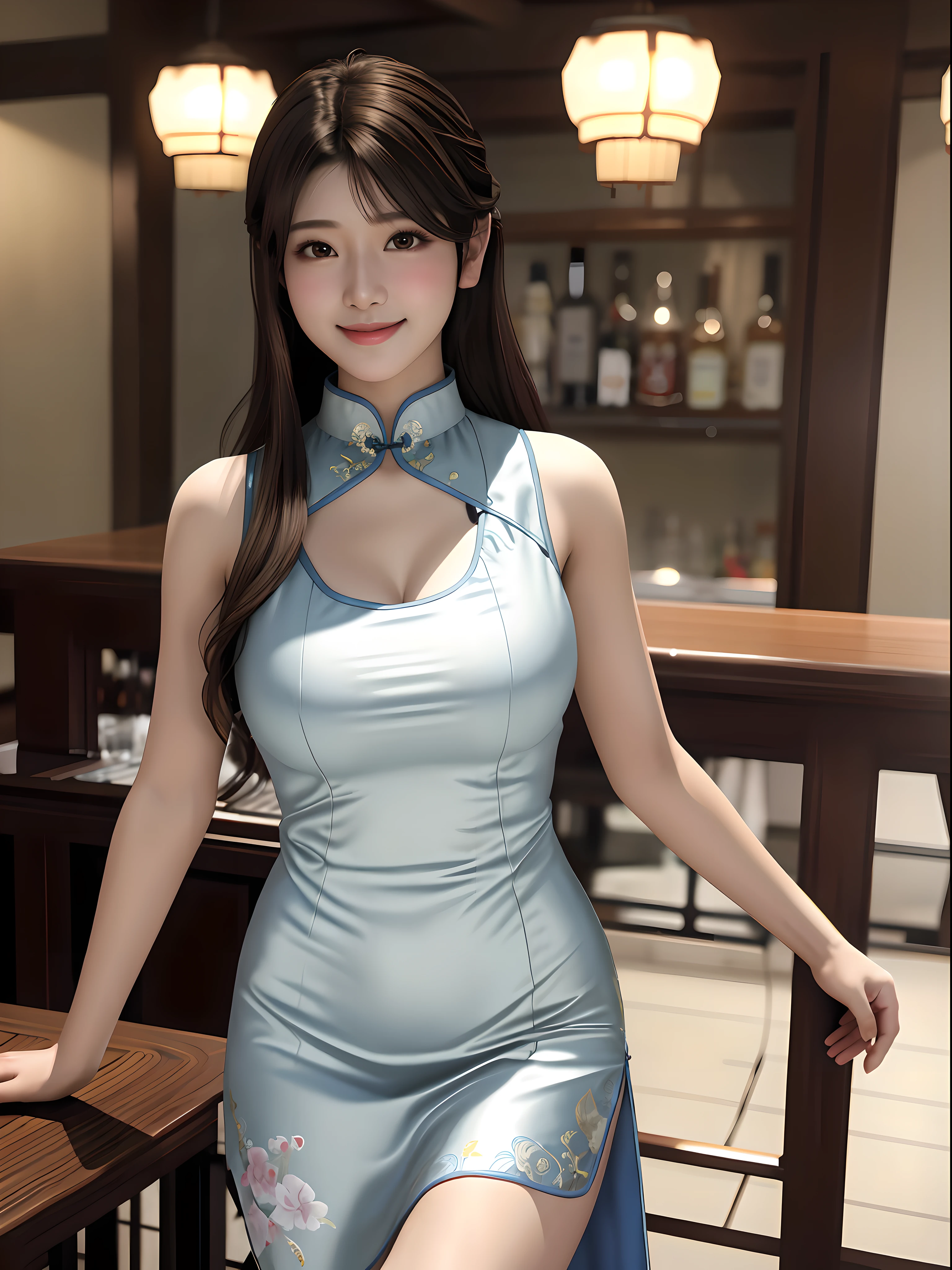 ultra realistic 8k cg, flawless, masterpiece, best quality, highres, solo, sayuri, 1lady, long hair, breasts, Cheongsam, side slit, looking at viewer, bar, smile