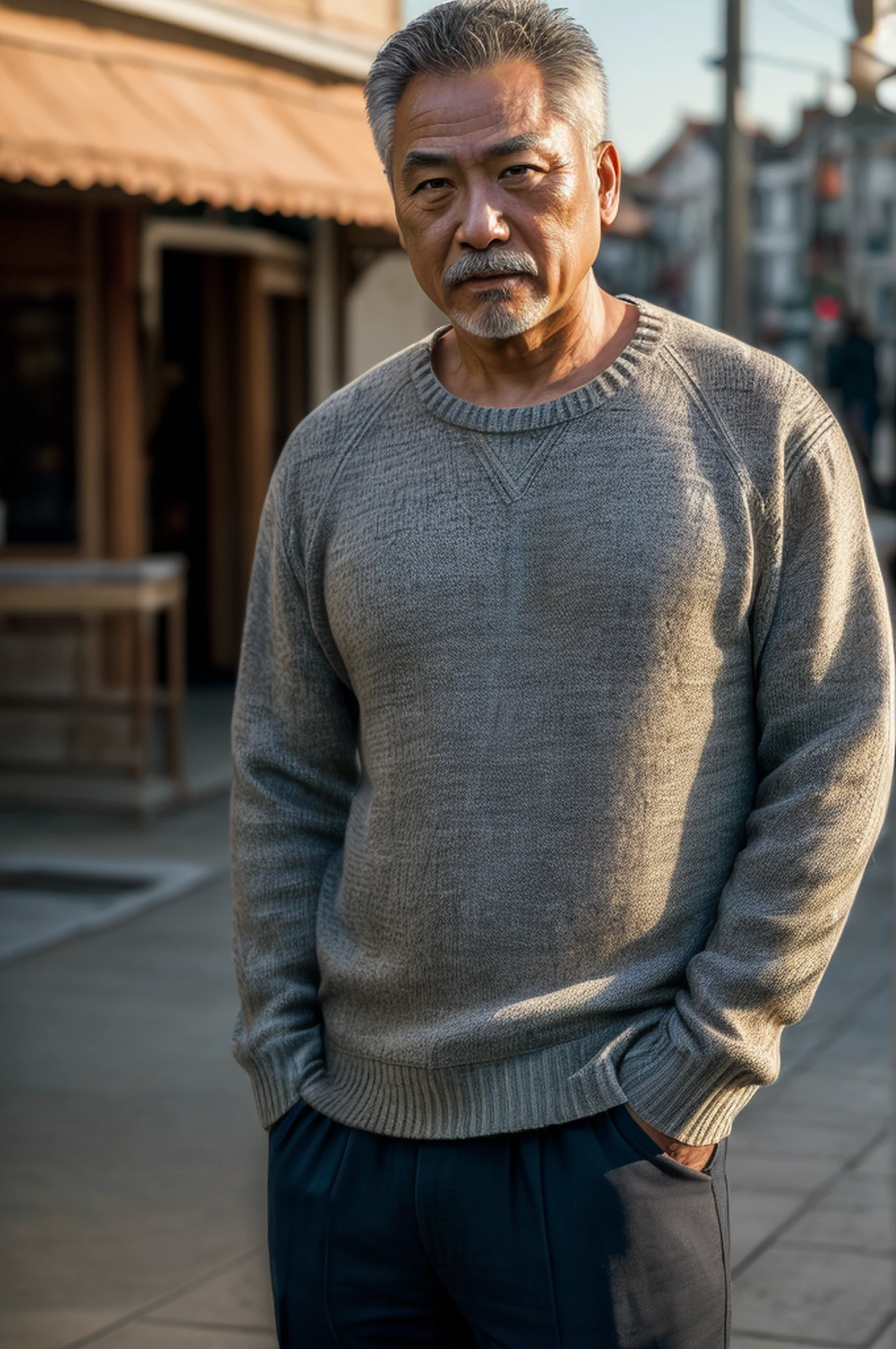(Masterpiece, Realistic, Original,:1.4), (Extremely Complex: 1.2), Close-up, Cinematic Light, Side Light, Ultra High Resolution, Best Shadow, RAW, Upper Body, Middle-aged Man, Jumper, Asian