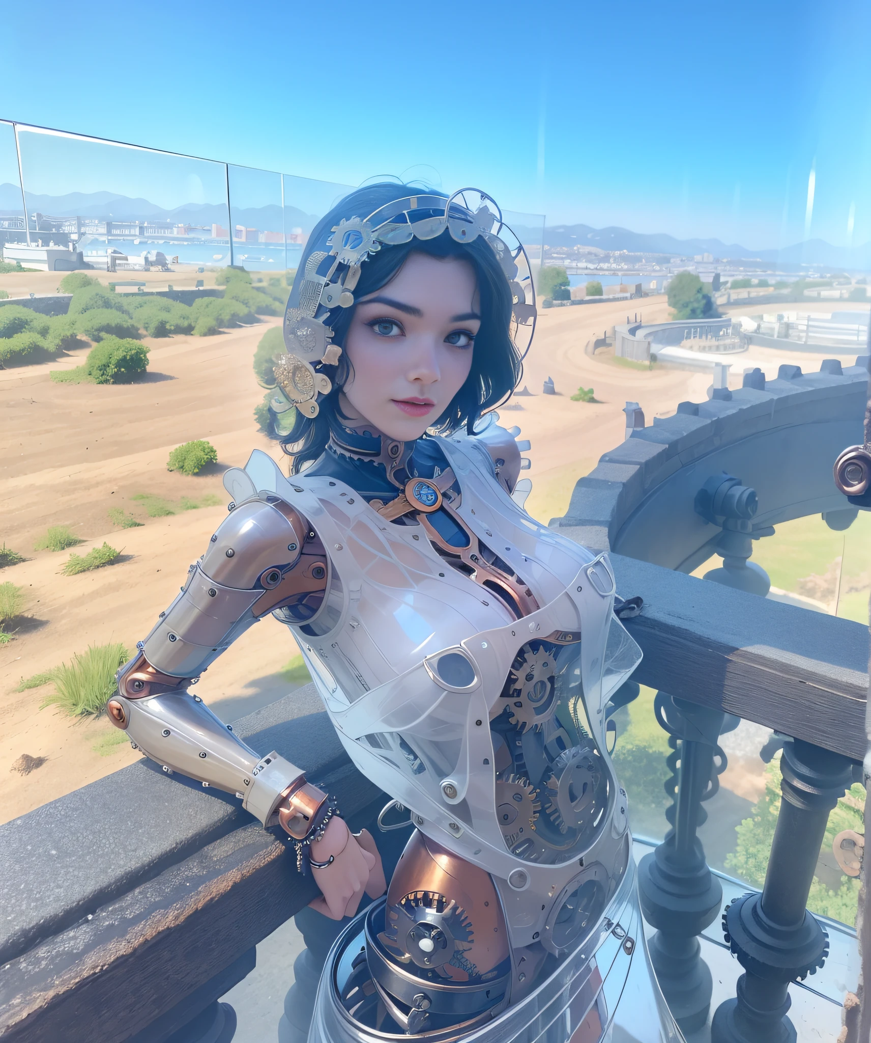 (Clockwork Woman: 1), beautiful face, Victorian, ((transparent glass upper torso, gears inside)), copper-colored gears, articulated joints, articulated legs, Victorian clothing, ((serving tea)), (action), high detail