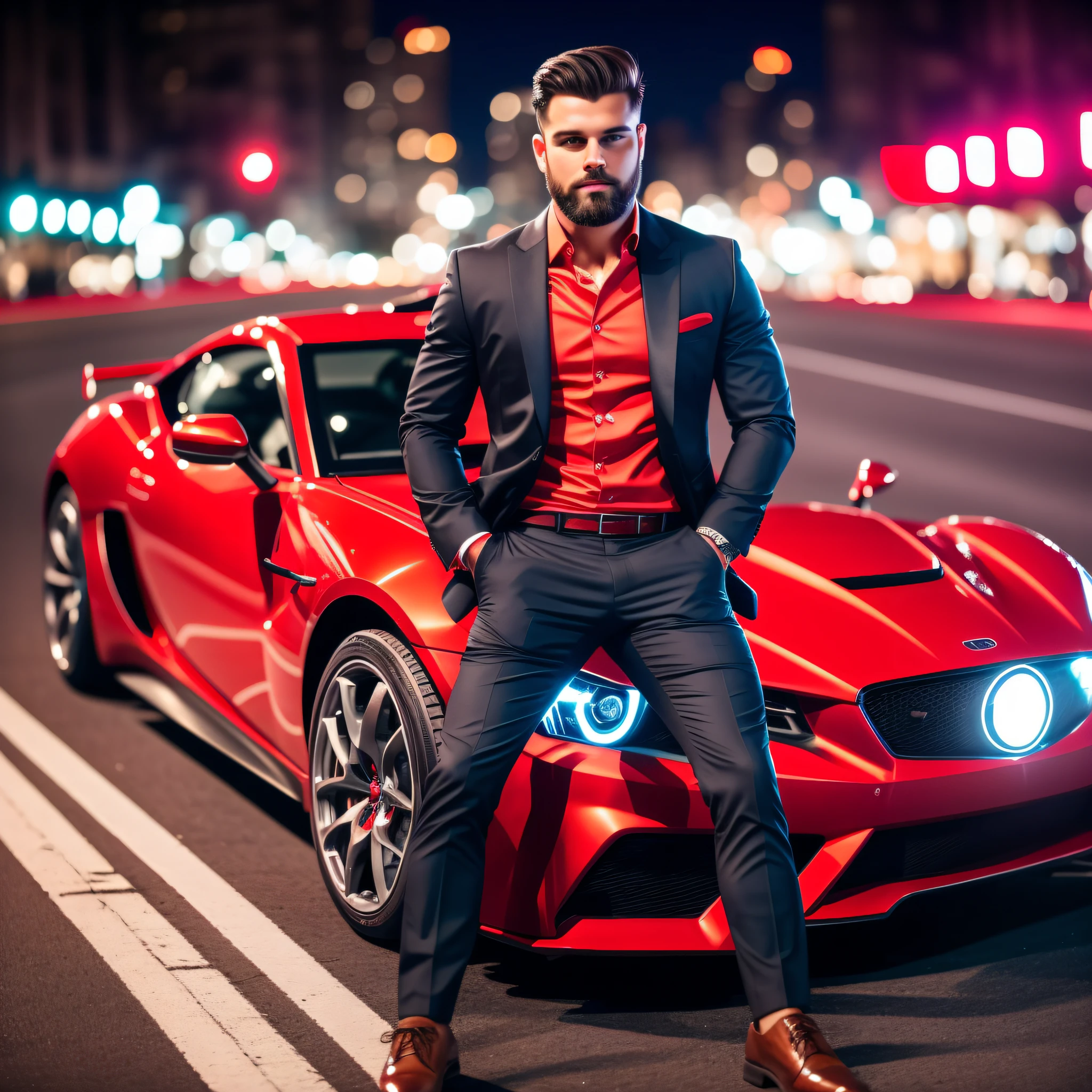 "A well-dressed young man with a short beard, professional cinematic lighting, accompanied by his red sports car in a night urban setting. [:(auto tag, red car tag):1.4]
