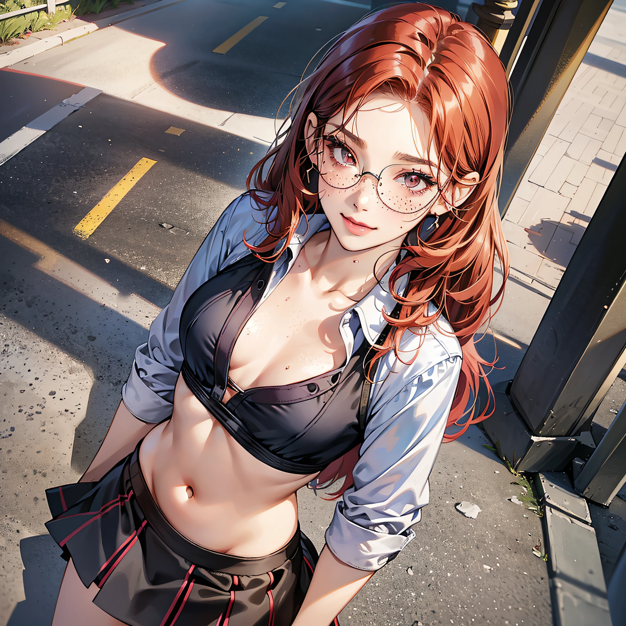 Girl wearing high school uniform, short skirt, wearing thin-framed round glasses, red hair, ((small chest, 16 year old girl, beautiful)), ((small breasts, large neckline showing a nipple)). Full body image. Photorealistic face, realistic, realistic eyes, smile. In the background busy London street (high resolution:1.0), beautiful lighting, perfect lighting, realistic shadows, [highres], detailed skin, ultra-detailed, legs open, legs up, curved, big earring, thighs, (beautiful long hair), thin collarbone, soft navel, soft belly, soft back, angle from above, sweaty, gorgeous breasts, blush, photorealistic, realistic face, realistic eyes, small eyes, malicious smile (((color))) ((neckline))),  (freckles), (eyeliner), (mascara). --auto --s2