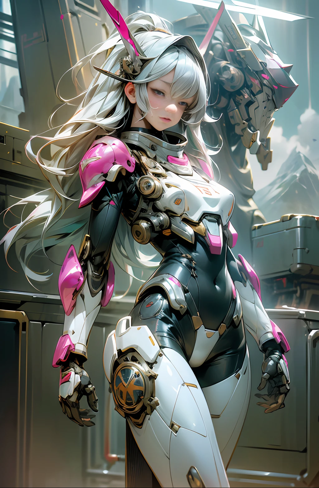 mechanical girl,guweiz style artwork,perfect face, looking at the audience, skin tight and transparent vinyl, long blue hair, gray eyes, pale skin, mountain glory gundam, mecha, pink armor with white parts, armor, helmet, line art,sharp focus, octane, backlight, mechanical, backlight, shiny clothes, mechanical legs, thrusters, flying, hair accessories, high heels, shiny, standing, thighs,looking down, armored boots, cyborg, (big mechanical background: 1.2), bare shoulders, lips, machine, bottom-up view, cosplay, raw photo, refined, best quality, (intricate detail:1.3), ultra detail, fine detail, colorful, 8k UHD, film grain, (studio lighting: 1.2), (Fujifilm XT3), (realistic:1.3), (detailed skin: 1.2) ultra high resolution, best quality, photo, 4K, (realistic: 1.4)