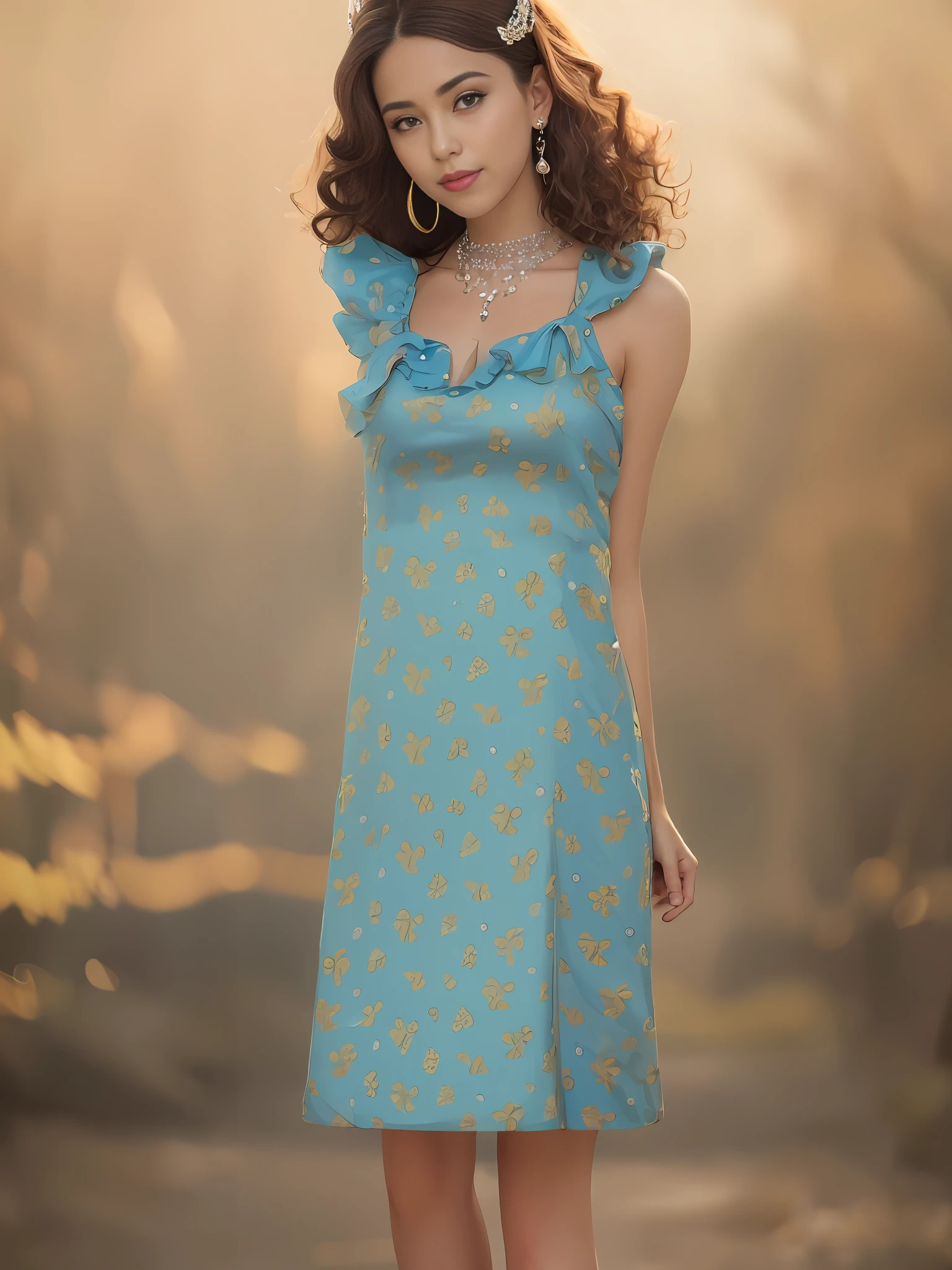 1 girl, confident smile, natural, closeup, (8k:1.5), best quality, masterpiece, surreal, photo realistic, masterpiece, high resolution, tiara, (long hair: 1), (curls: 0.2), bow, blue necklace, earrings, medium breasts, adult, (high street: 1.2), model, yellow