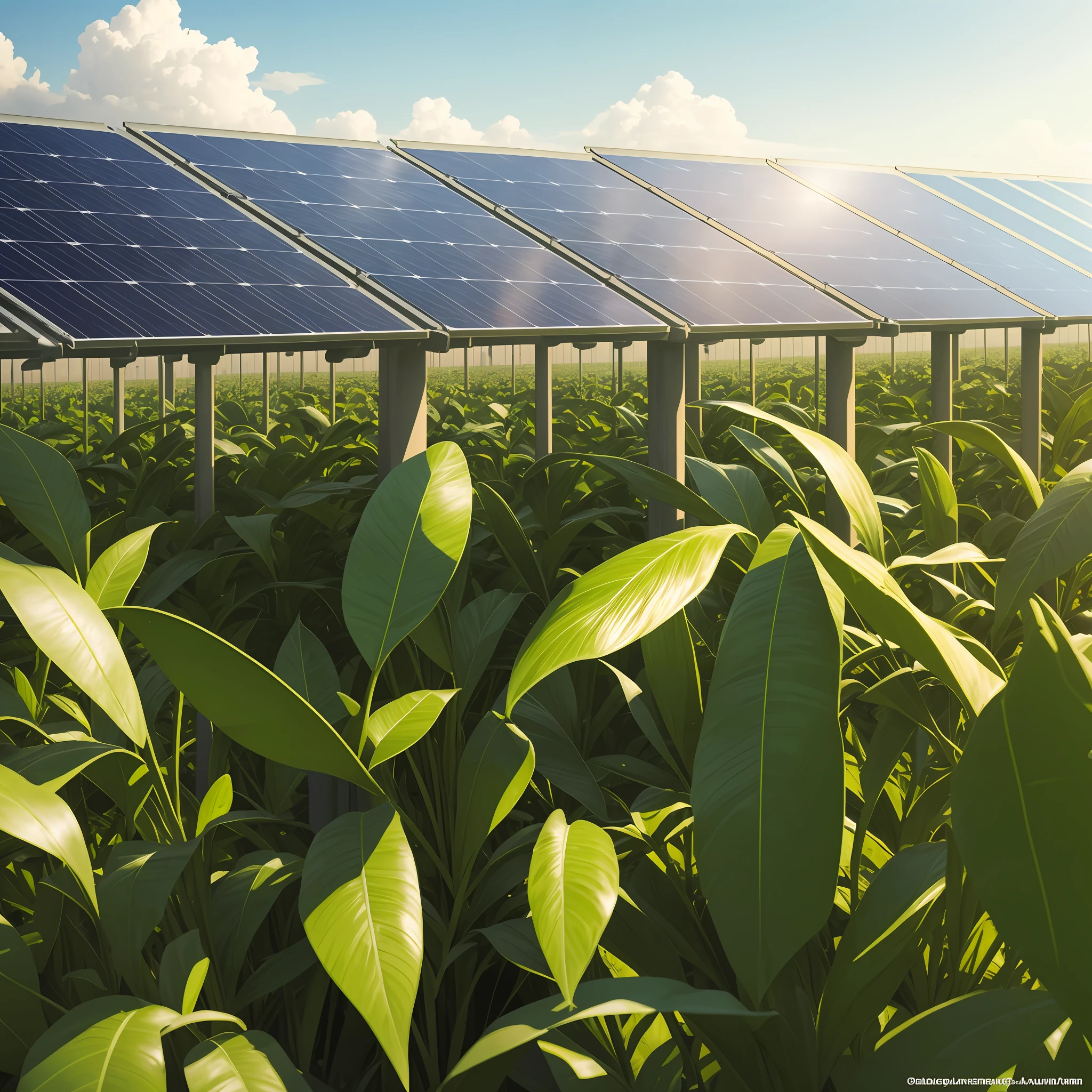 a close up of a field of plants with solar panels on them, solar panels, solar field plains, solar powered, renewable energy, solar, solar power, plants environment, sunny environment, vincent callebaut composition, rooftop solar panels, sustainability, shutterstock, by Jakob Gauermann, by Wayne England, environmental shot, rows of lush crops, green energy --auto --s2