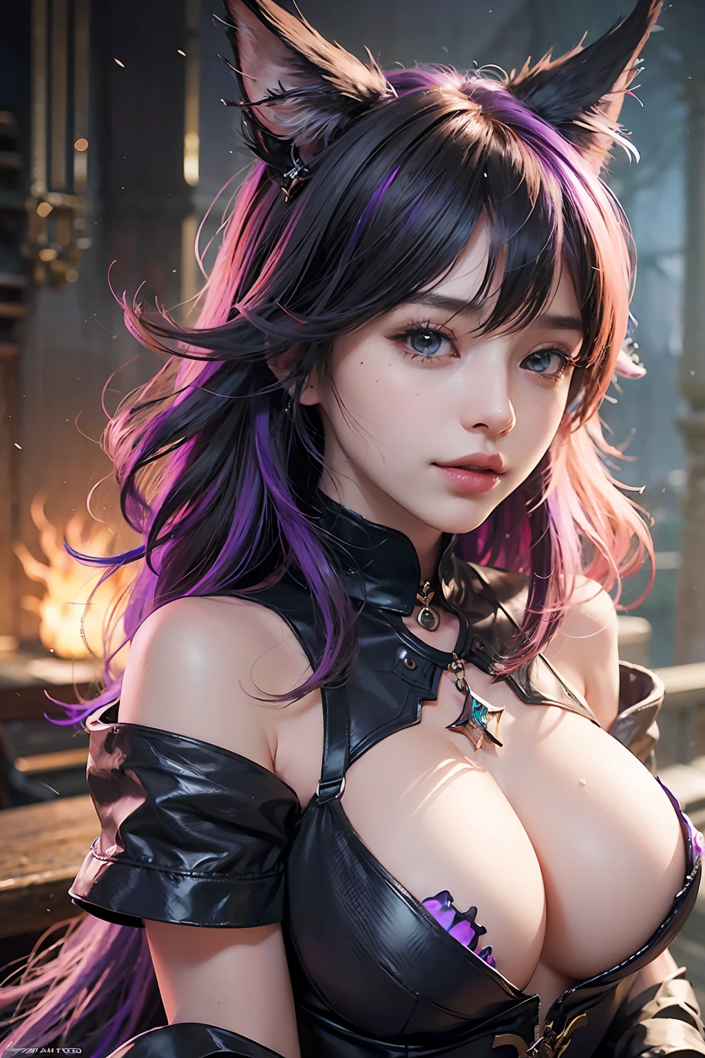 Yshtola,ffxiv,ai, aiart, aiartcomm, aiartist, aiartwork, aigeneration, aiphotography, aisexy, aiwoman, algorithm, algorithmart, artoftheday, beautifulwomen, chracterdesign, dailyart, digitalart, digitalartist, generativeart, gorgeous, hot, hotmodel, {'parameters': "unparalleled masterpiece, ultra realistic 8k CG, perfect artwork, ((perfect female figure)),1girl, (ulzzang-6500:1), kpop idol, best quality, (looking at viewer:2),game cg,\nblurry background,outdoors,shiny skin, sitting,((( large breast,upper body,closed mouth,smile))),\n (y'shtola), (miqo'te), 1girl, ffxiv, final fantasy xiv, black mage, black dress, feathered collar, feather hair ornament, purple fire, glowing fire, purple orb, \n