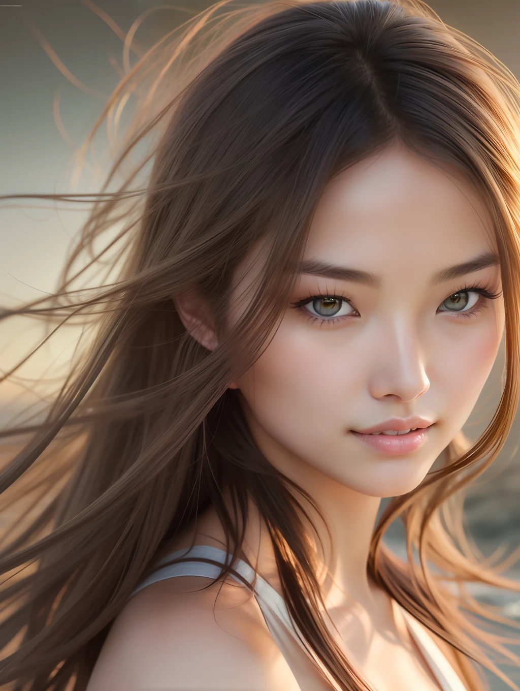 Cinematic soft lighting illuminates a stunningly detailed and ultra-realistic beautiful Japanese supermodel, beach look, long messy windy brown hair, clear honey eyes, captivating perfect smile, sensual, hot woman, gorgeous, that is trending on ArtStation. Octane is the perfect tool to capture the softest details of this 16k photography masterpiece.