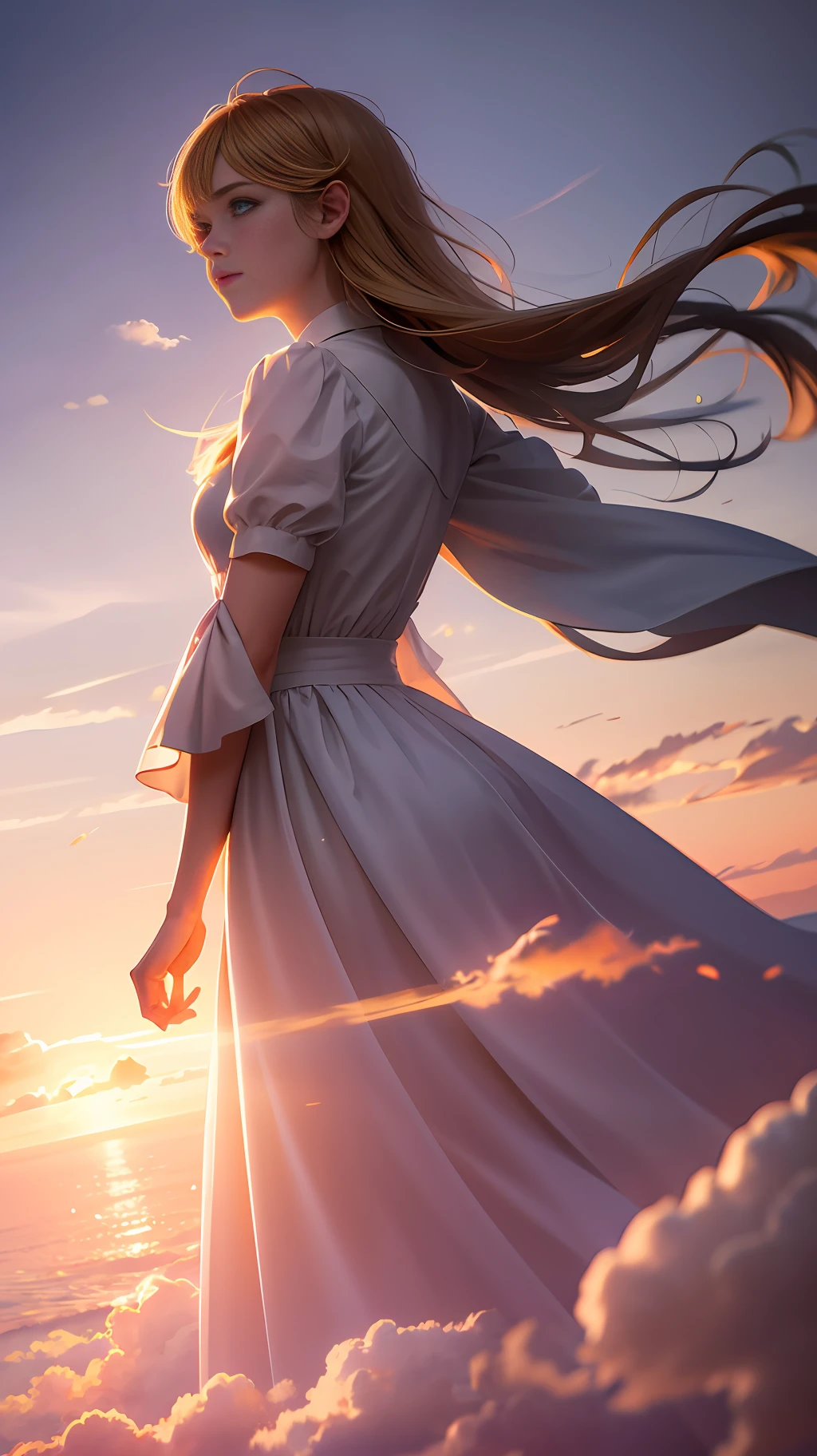 masterpiece, best quality, movie still, 1girl, cloud girl, floating in the sky, close-up, bright, happy, warm soft lighting, sunset, (sparks:0.7)