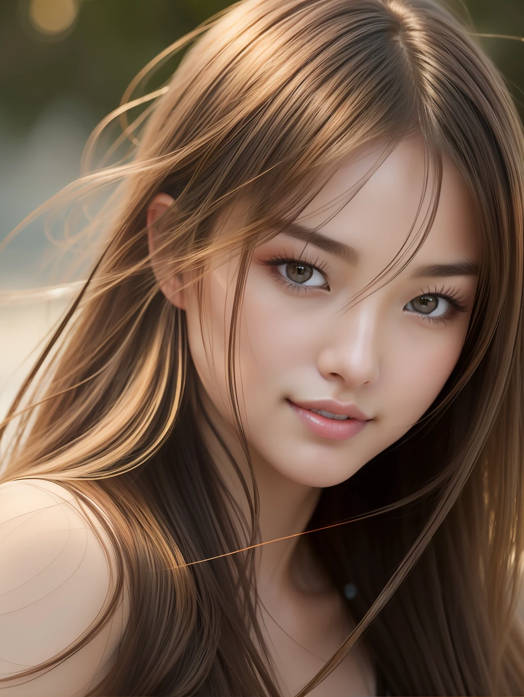 Cinematic soft lighting illuminates a stunningly detailed and ultra-realistic beautiful Japanese supermodel, beach look, long messy windy brown hair, clear honey eyes, captivating perfect smile, sensual, hot woman, gorgeous, that is trending on ArtStation. Octane is the perfect tool to capture the softest details of this 16k photography masterpiece.