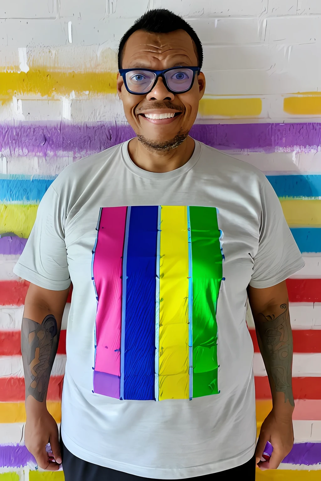 guttonerdvision3, detailed portrait of a 50-year-old man wearing glasses, face and ultra detailed skin, (wearing horizontal striped T-shirt with the colors of the rainbow), full body, splash background of colored ink, eye level