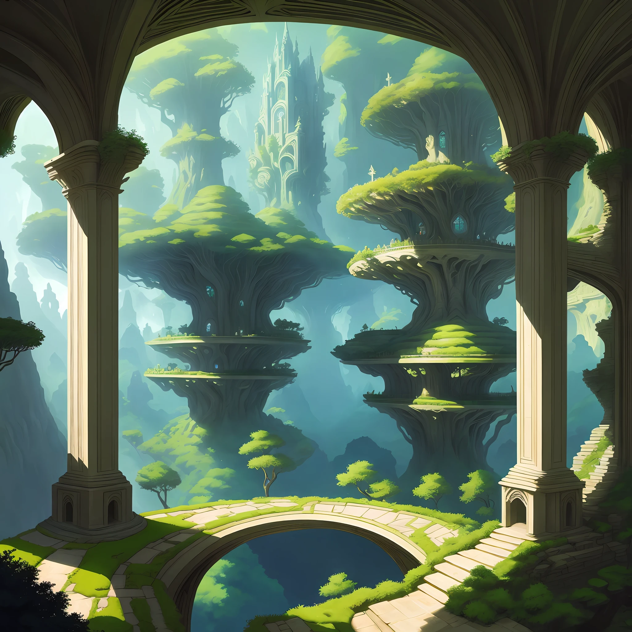 Elven City of Eryndor: Suspended among the canopies of centuries-old trees, Eryndor is an architectural spectacle of houses in harmony with nature, ethereal bridges and crystal clear water fountains. Art style Roger Dean