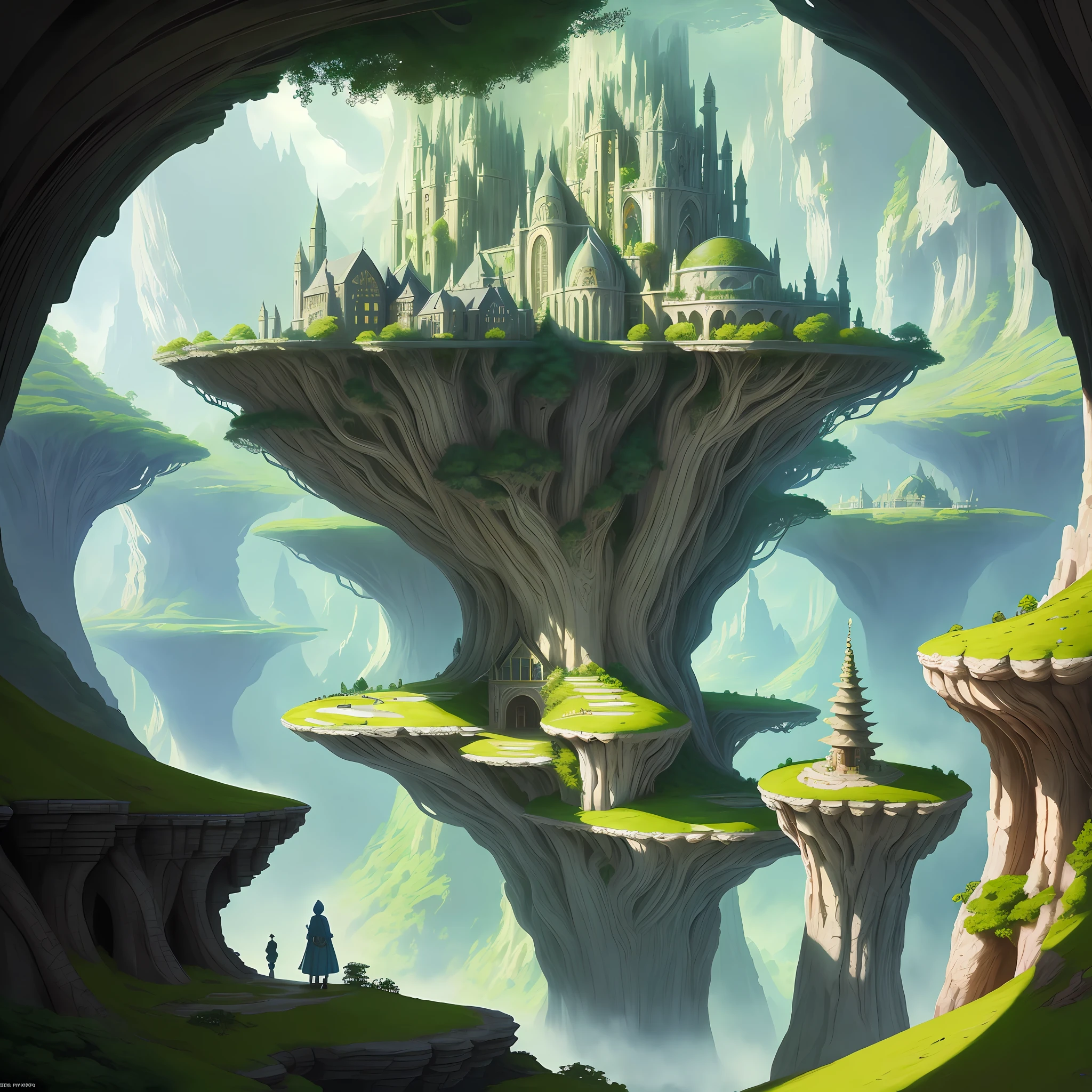 Elven City of Eryndor: Suspended among the canopies of centuries-old trees, Eryndor is an architectural spectacle of houses in harmony with nature, ethereal bridges and crystal clear water fountains. Art style Roger Dean