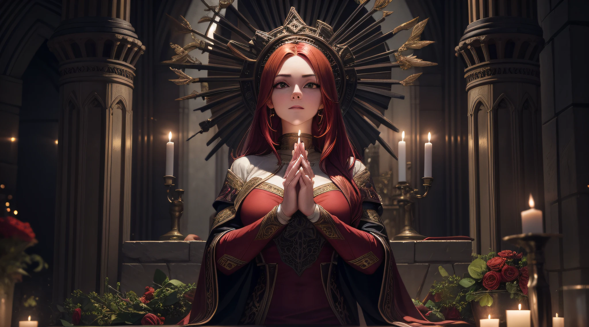 A beautiful woman athletic body, in the position of gratitude, with her hands together, red hair, in the background a beautiful medieval cathedral, with some candles and candles, ultra detailed image, altissima resolution, 8K