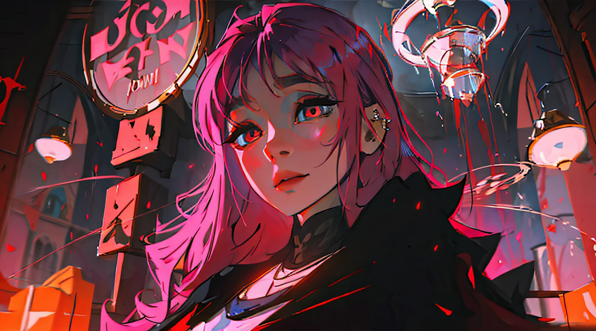 A character named Evelyn, with desaturated pink hair, embodies a member of a diabolical religious cult. She looks dismissively over her shoulder, her piercing eyes radiating a sense of contempt. The composition features a blurry church background bathed in shades of deep crimson, alloy of legends, splash art, lol splash art, filled with numerous shadowy figures participating in the service. The overall atmosphere is strange and unsettling, evoking a sense of darkness and evil. reddish tones, cult
