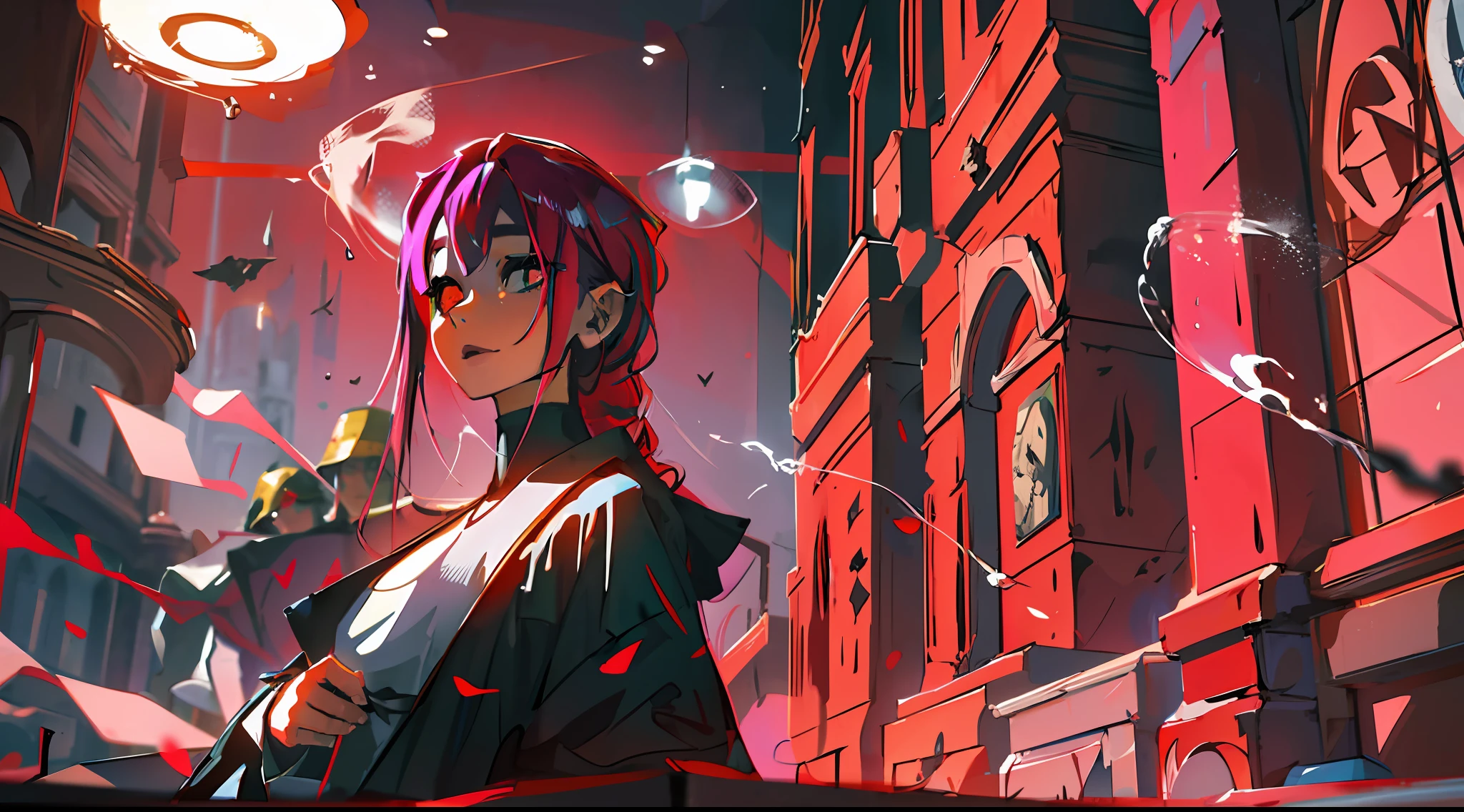 A character named Evelyn, with desaturated pink hair, embodies a member of a diabolical religious cult. She looks dismissively over her shoulder, her piercing eyes radiating a sense of contempt. The composition features a blurry church background bathed in shades of deep crimson, alloy of legends, splash art, lol splash art, filled with numerous shadowy figures participating in the service. The overall atmosphere is strange and unsettling, evoking a sense of darkness and evil. reddish tones, cult