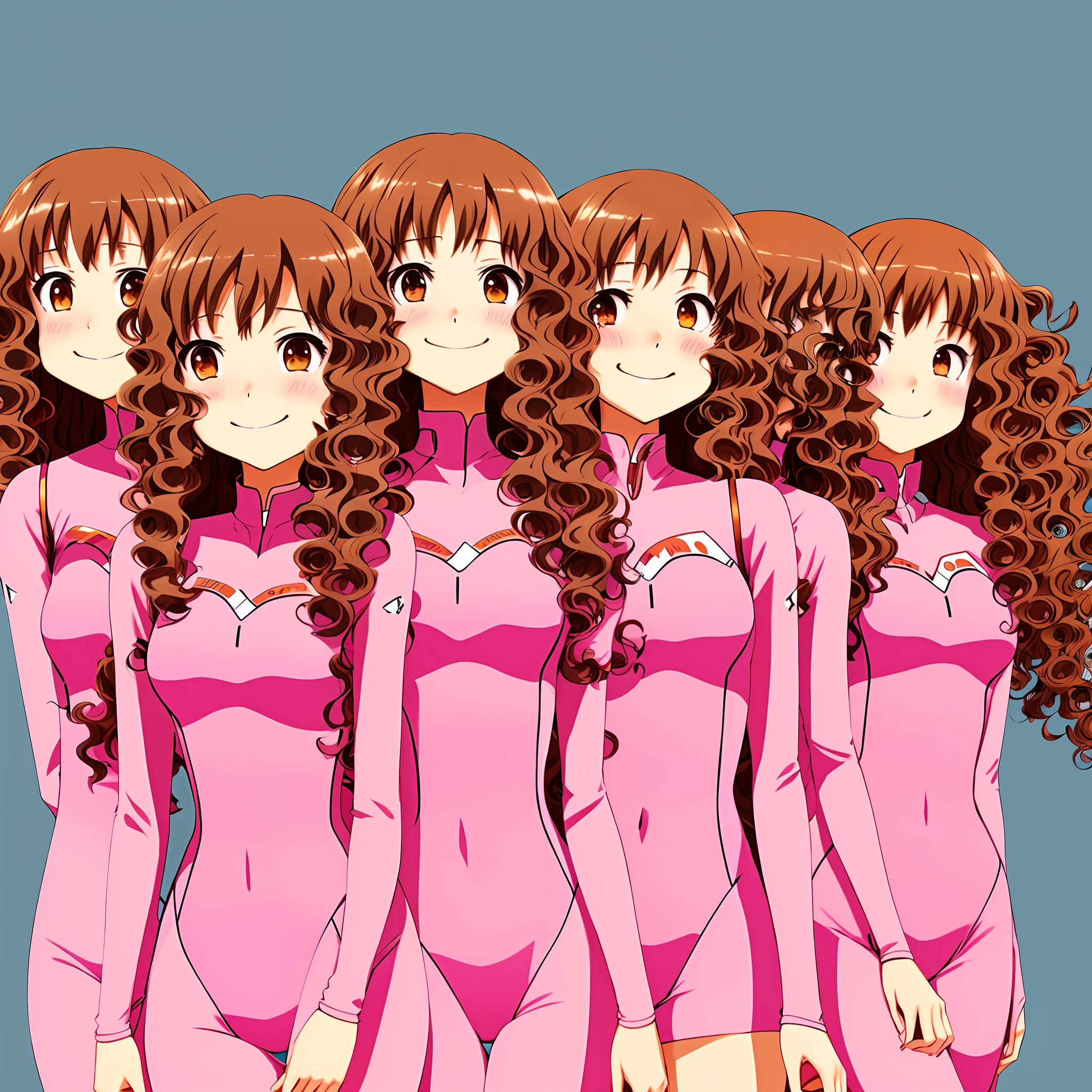 perfect anime illustration, multiple girls, teenage girls, clones, identical sisters, crowded, brown hair, curly hair, long hair, matching hairstyle, hazel eyes, smiling, pink bodysuits, matching outfits, highres, full body, group picture