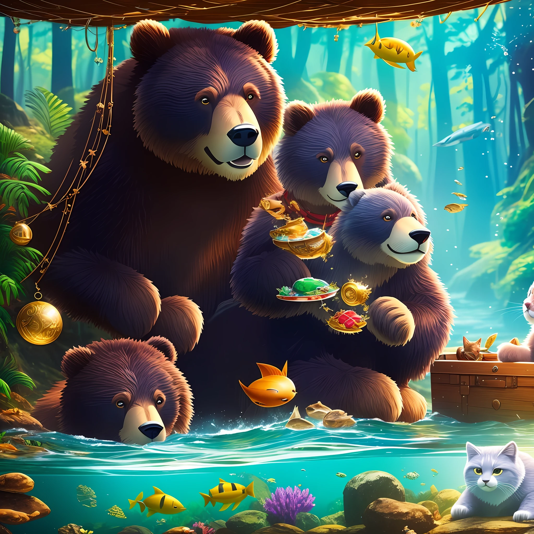 With the arrival of summer, the Playful Bear was eager to cool off. One day, while exploring the forest, he met a clever cat named Felino. The two became friends immediately. Together, they decided to go to a nearby lake. When they got there, they had an unexpected surprise: they found a treasure hidden at the bottom of the lake. It was a box full of shiny objects and marine treasures. The bear and the cat were amazed at the discovery and decided to divide the treasure between them. It was an unforgettable adventure that brought them together even more.cor--ar16:9--s750 --auto --s2