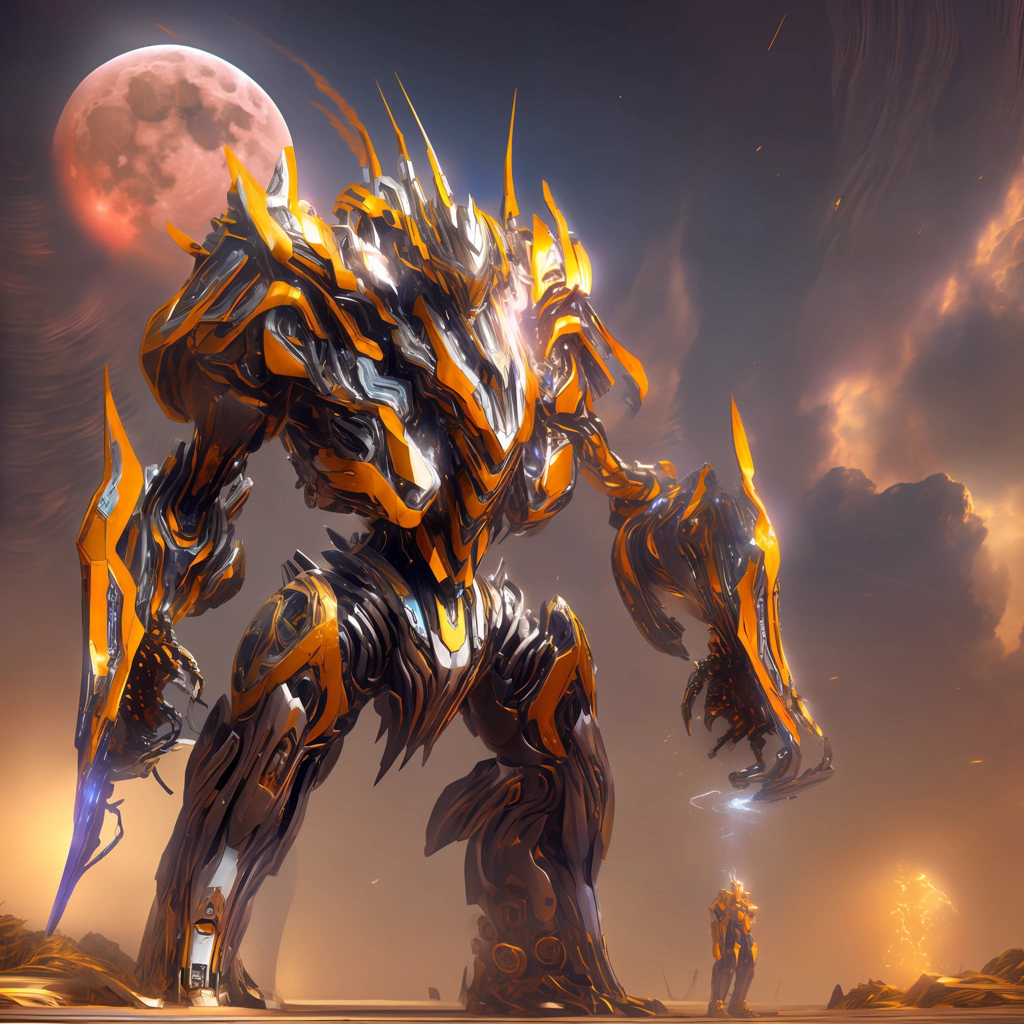 A giant humanoid mecha with barrels on the shoulders, 2 arms, 2 legs, futuristic, has a typical weapon in his hands, black giant rifle with golden edges and a tank of liquid worm , (solo:1.4), one (((mecha))) with an elegant and menacing design, (axisymmetric:1.4), (Very long leg:1.5), a blue mechanical heart emits a faint glow in the middle of its chest, very detailed, colorful, supreme detail, the mecha has a purple torso with golden and silver mechanical wings on his back, machine gods, wears a golden crown that floats above his head, photography, epic rendering, octane, atmosphere, particles, (Transformers), (masterpiece, top quality, best quality, official art, ((masterpiece)), (best quality), (HDR), dust cloud in the background, Mecha lit by full moon, portrait, 2 moons, red moon, white moon