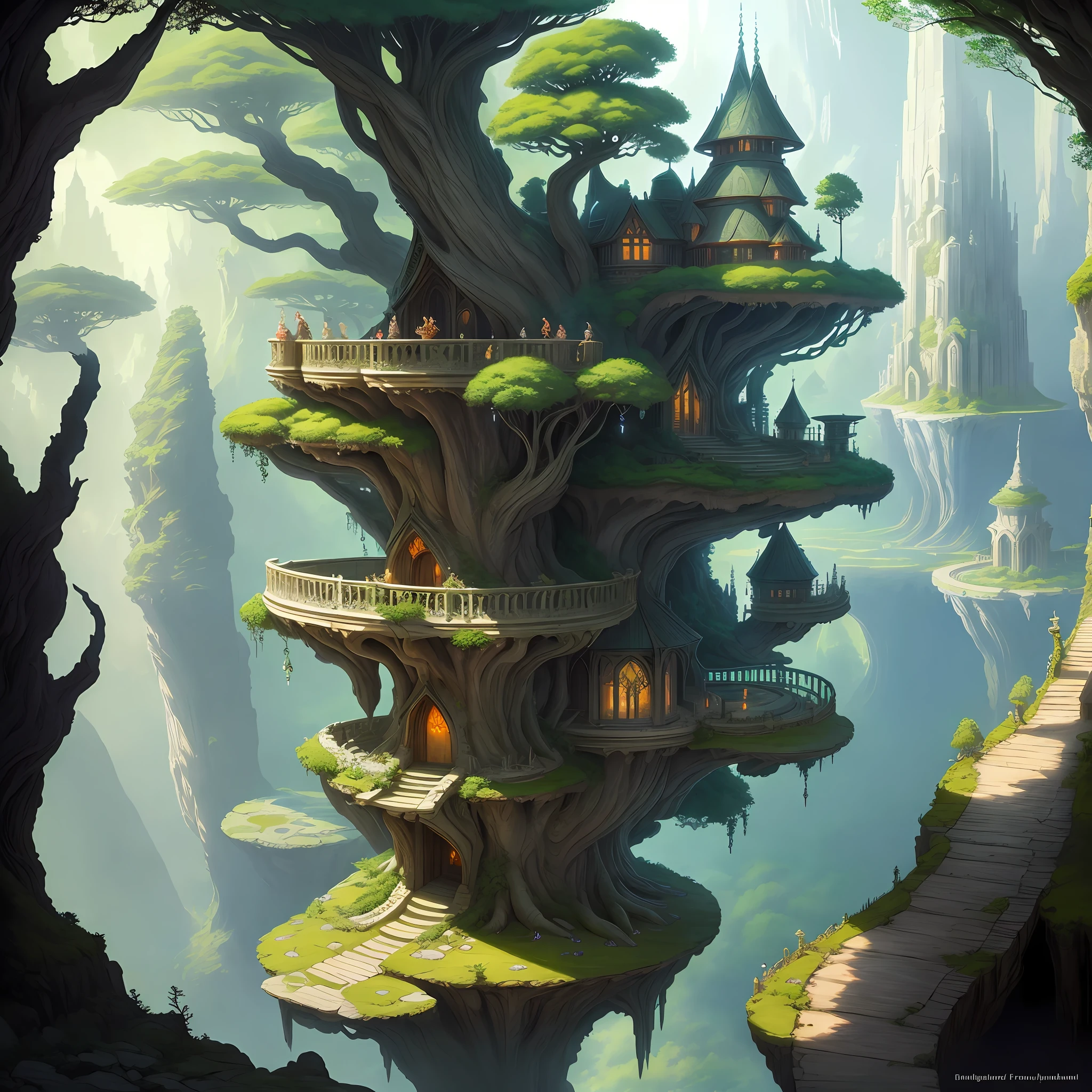 Elven City of Eryndor: Suspended between the canopies of centuries-old trees, Eryndor is an architectural spectacle of houses in harmony with nature, ethereal bridges and crystal clear water fountains. Art style Frank Frazetta