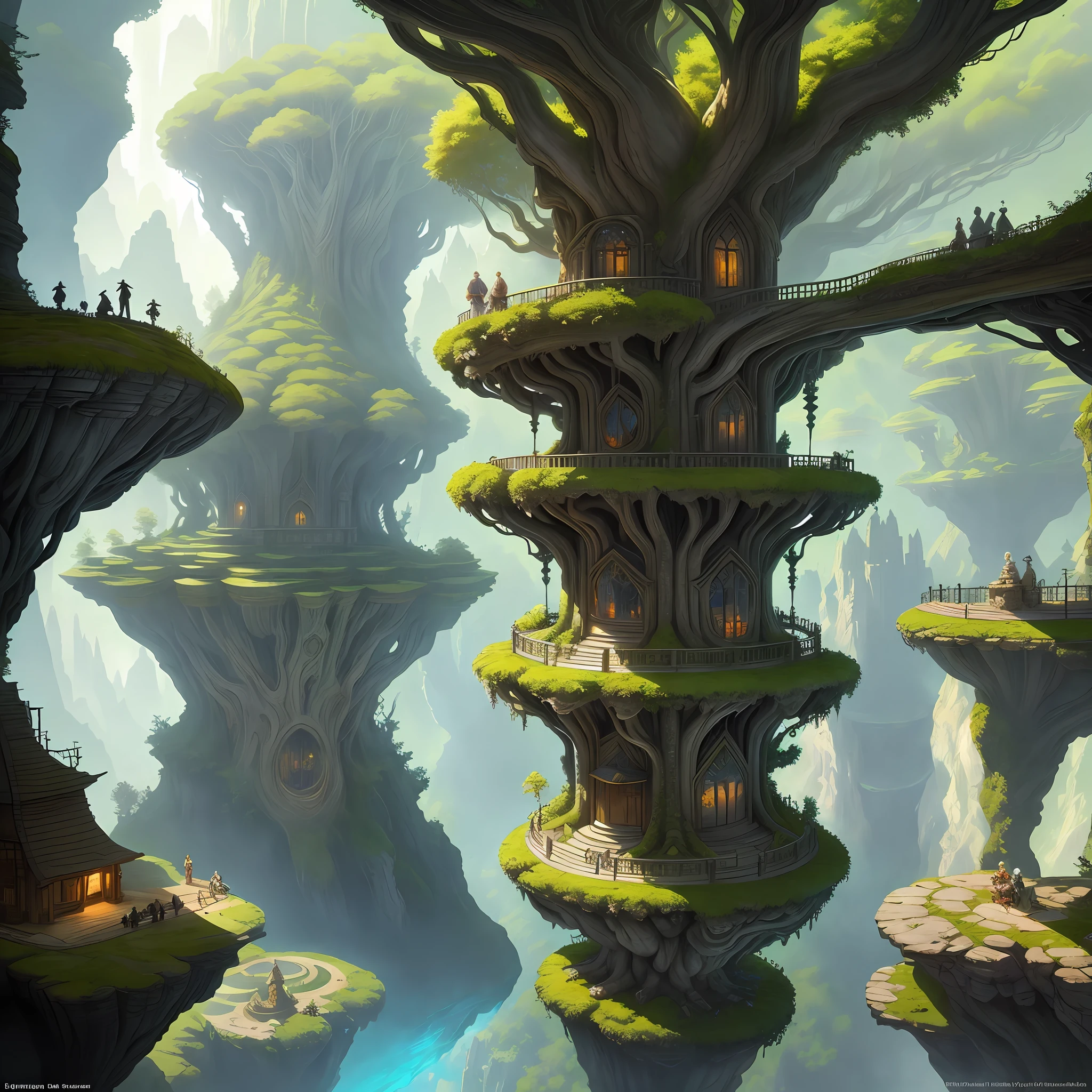 Elven City of Eryndor: Suspended between the canopies of centuries-old trees, Eryndor is an architectural spectacle of houses in harmony with nature, ethereal bridges and crystal clear water fountains. Art style Frank Frazetta