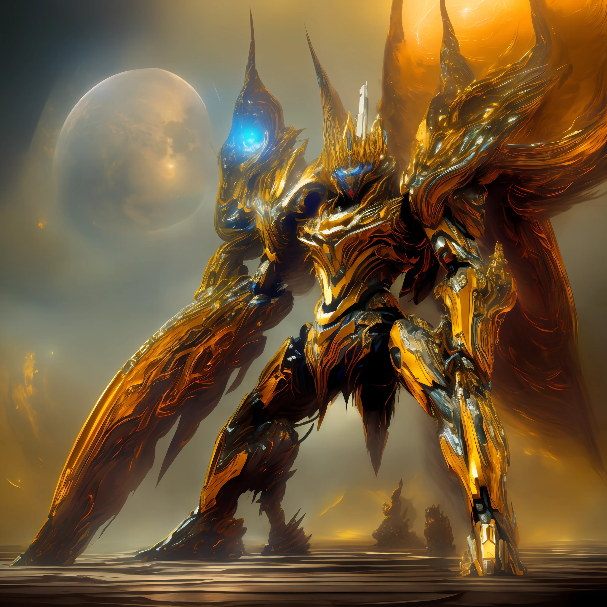 A giant humanoid mecha with barrels on the shoulders, 2 arms, 2 legs, futuristic, has a typical weapon in his hands, black giant rifle with golden edges and a tank of liquid worm , (solo:1.4), one (((mecha))) with an elegant and menacing design, (axisymmetric:1.4), (Very long leg:1.5), a blue mechanical heart emits a faint glow in the middle of its chest, very detailed, colorful, supreme detail, the mecha has a purple torso with golden and silver mechanical wings on his back, machine gods, wears a golden crown that floats above his head, photography, epic rendering, octane, atmosphere, particles, (Transformers), (masterpiece, top quality, best quality, official art, ((masterpiece)), (best quality), (HDR), dust cloud in the background, Mecha illuminated by the full moon, portrait, 2 moons, red moon, white moon, mecha in the foreground