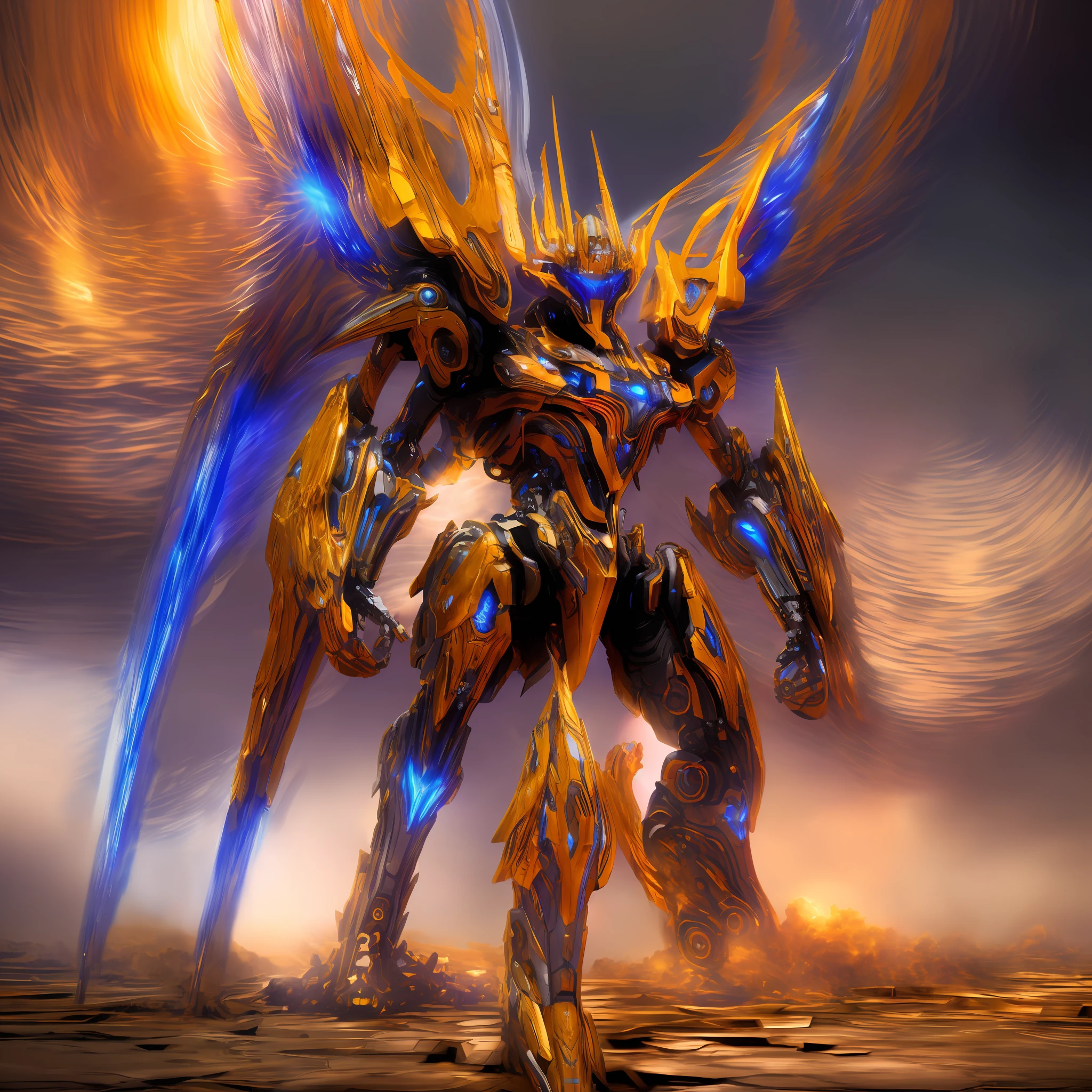 A giant humanoid mecha with barrels on the shoulders, 2 arms, 2 legs, futuristic, has a typical weapon in his hands, black giant rifle with golden edges and a tank of liquid worm , (solo:1.4), one (((mecha))) with an elegant and menacing design, (axisymmetric:1.4), (Very long leg:1.5), a blue mechanical heart emits a faint glow in the middle of its chest,  very detailed, colorful, supreme detail, the mecha has a purple torso with golden and silver mechanical wings on his back, machine gods, wears a golden crown that floats above his head, photography, epic rendering, octane, atmosphere, particles, (Transformers), (masterpiece, top quality, best quality, official art, ((masterpiece)), (best quality), (HDR), dust cloud in the background,  Mecha illuminated by the full moon, portrait, 2 moons, red moon, white moon, mecha in the foreground