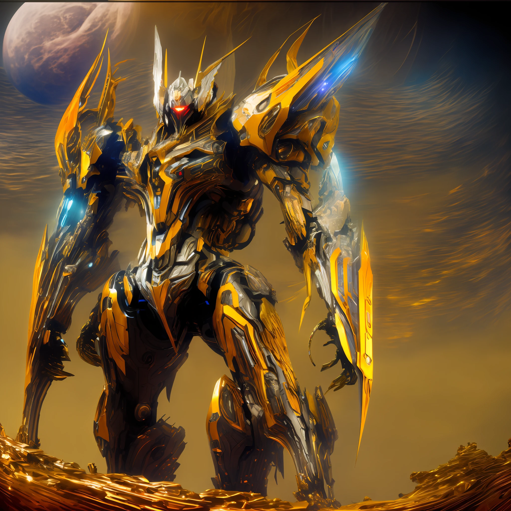 A giant humanoid mecha with barrels on the shoulders, 2 arms, 2 legs, futuristic, has a typical weapon in his hands, black giant rifle with golden edges and a tank of liquid worm , (solo:1.4), one (((mecha))) with an elegant and menacing design, (axisymmetric:1.4), (Very long leg:1.5), a blue mechanical heart emits a faint glow in the middle of its chest,  very detailed, colorful, supreme detail, the mecha has a purple torso with golden and silver mechanical wings on his back, machine gods, wears a golden crown that floats above his head, photography, epic rendering, octane, atmosphere, particles, (Transformers), (masterpiece, top quality, best quality, official art, ((masterpiece)), (best quality), (HDR), dust cloud in the background,  Mecha illuminated by the full moon, portrait, 2 moons, red moon, white moon, mecha in the foreground