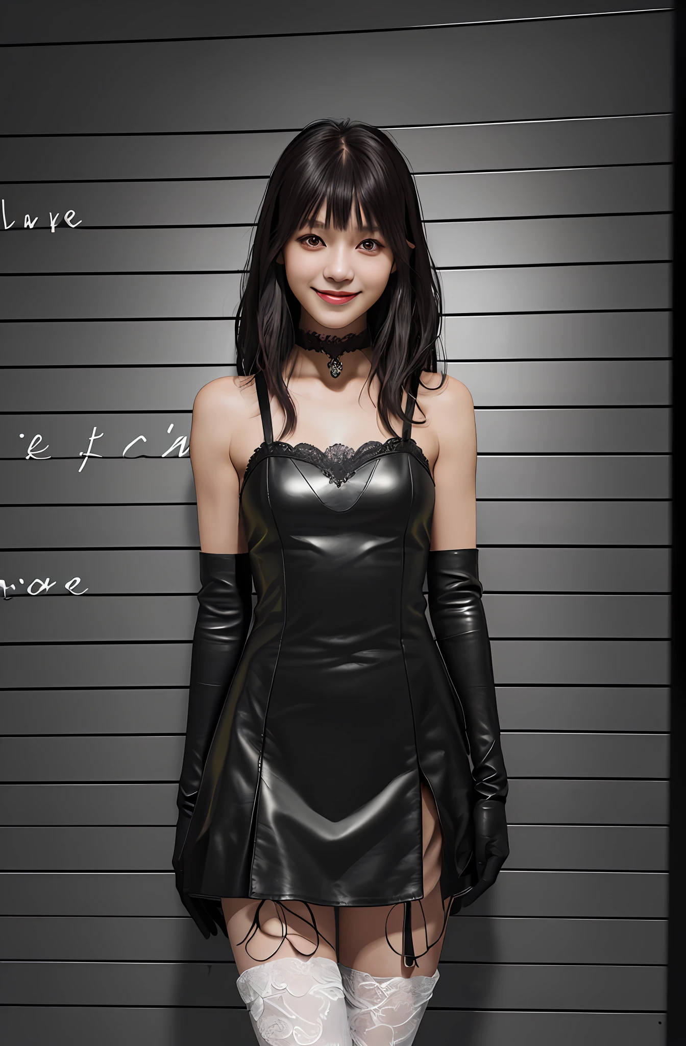 Best quality, masterpiece, ultra high resolution, (photorealistic: 1.4), raw photo, dramatic lighting, black dress, black gloves, mischievous smile, black leather boots lace, dark brown hair, bangs, Japanese