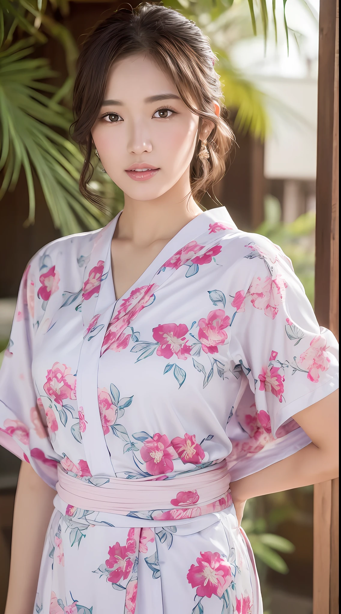((Best Quality, 8k, Masterpiece: 1.3)), pretty woman, 1 woman, big: 1.3, (slender figure: 1.1), sexy, dark brown hair, ultra detailed face, detailed lips, detailed eyes, double eyelids, white yukata, pink floral pattern