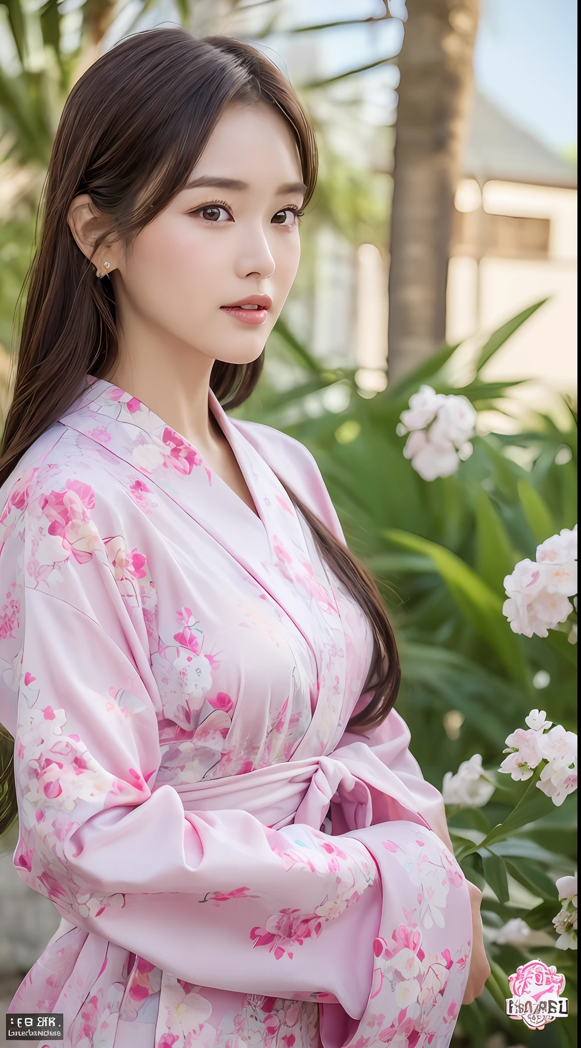 ((Best Quality, 8k, Masterpiece: 1.3)), pretty woman, 1 woman, big: 1.3, (slender figure: 1.1), sexy, dark brown hair, ultra detailed face, detailed lips, detailed eyes, double eyelids, white yukata, pink floral pattern