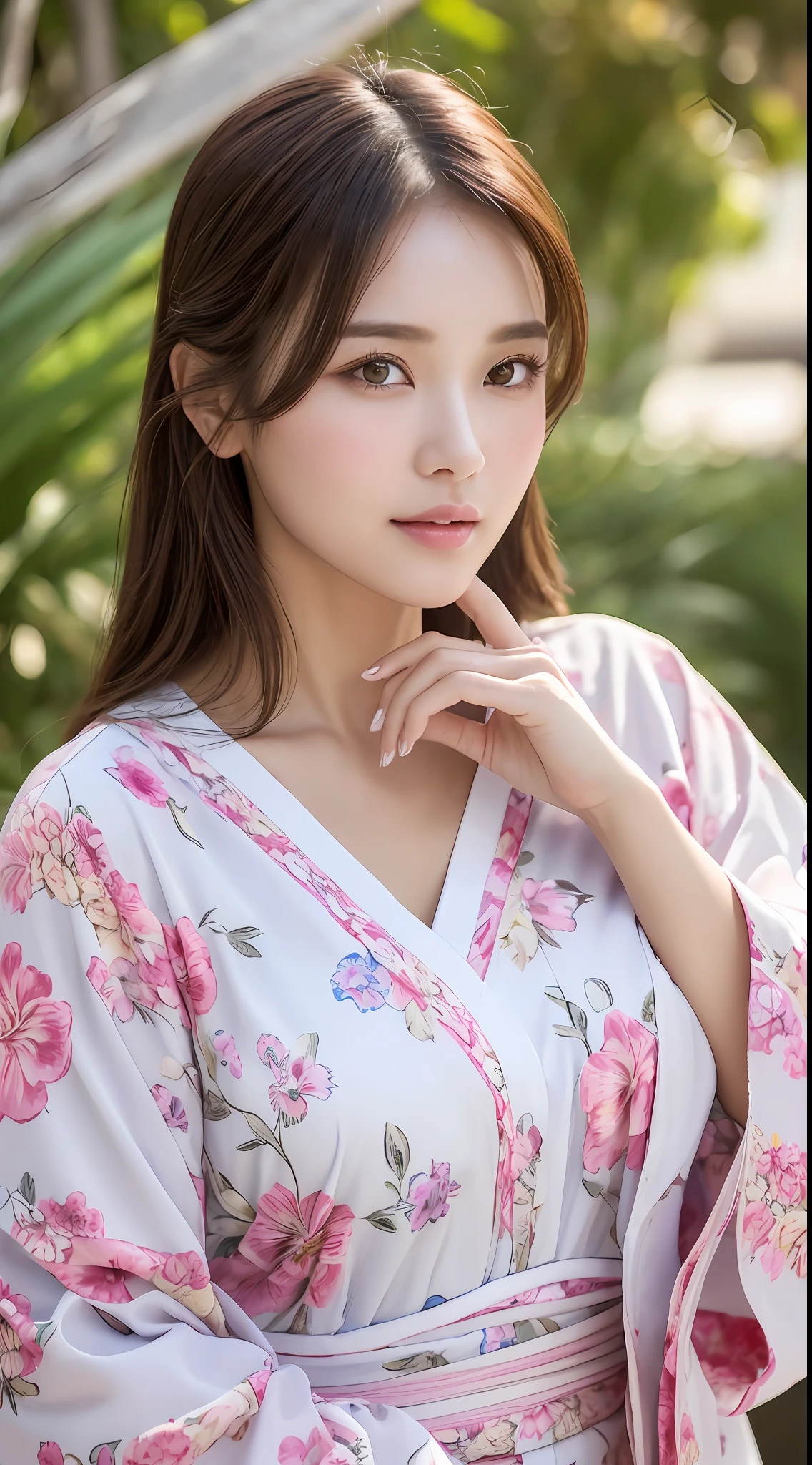 ((Best Quality, 8k, Masterpiece: 1.3)), pretty woman, 1 woman, big: 1.3, (slender figure: 1.1), sexy, dark brown hair, ultra detailed face, detailed lips, detailed eyes, double eyelids, white yukata, pink floral pattern