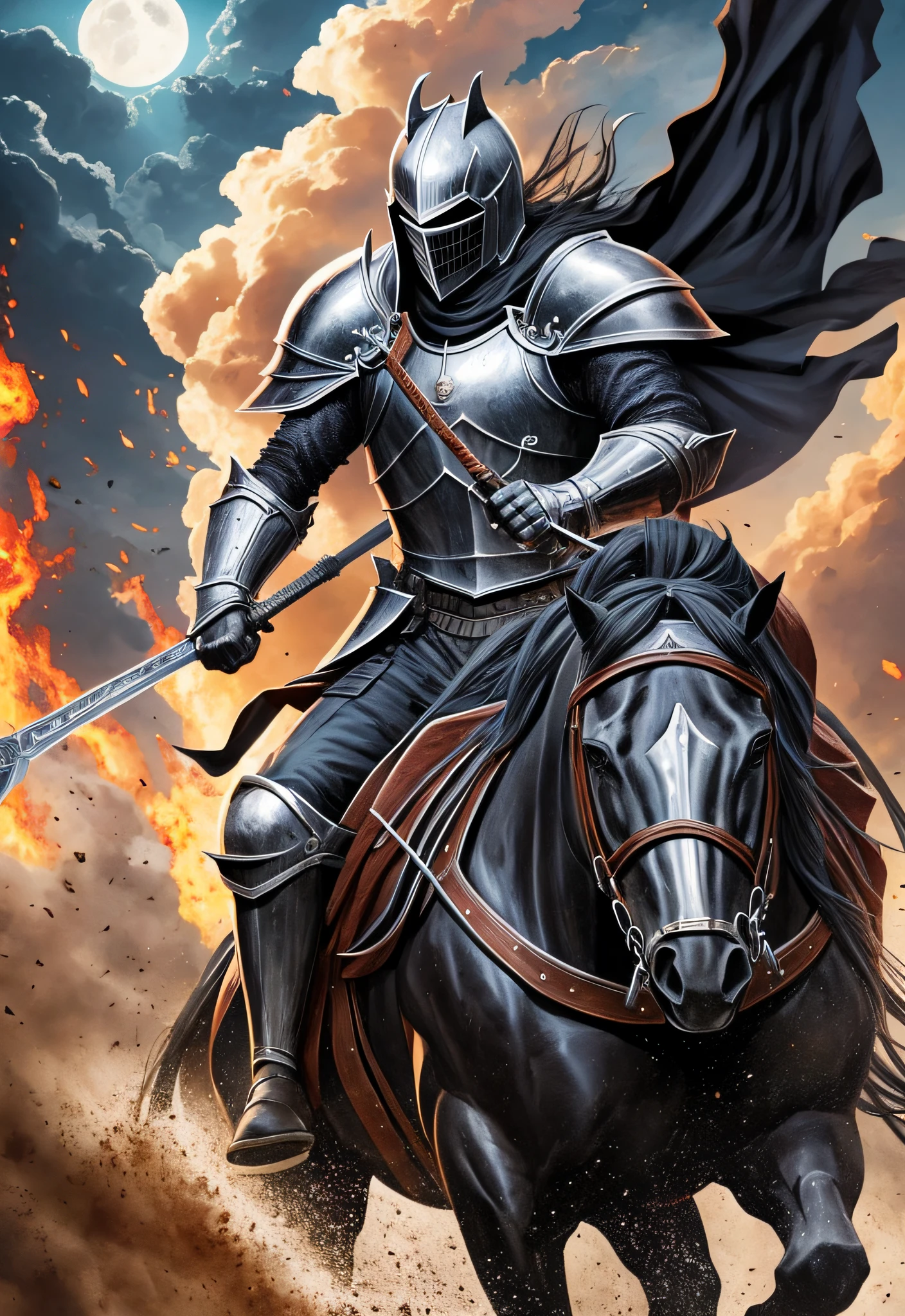 Knight, man, riding the black horse of the apocalypse (in comic art)