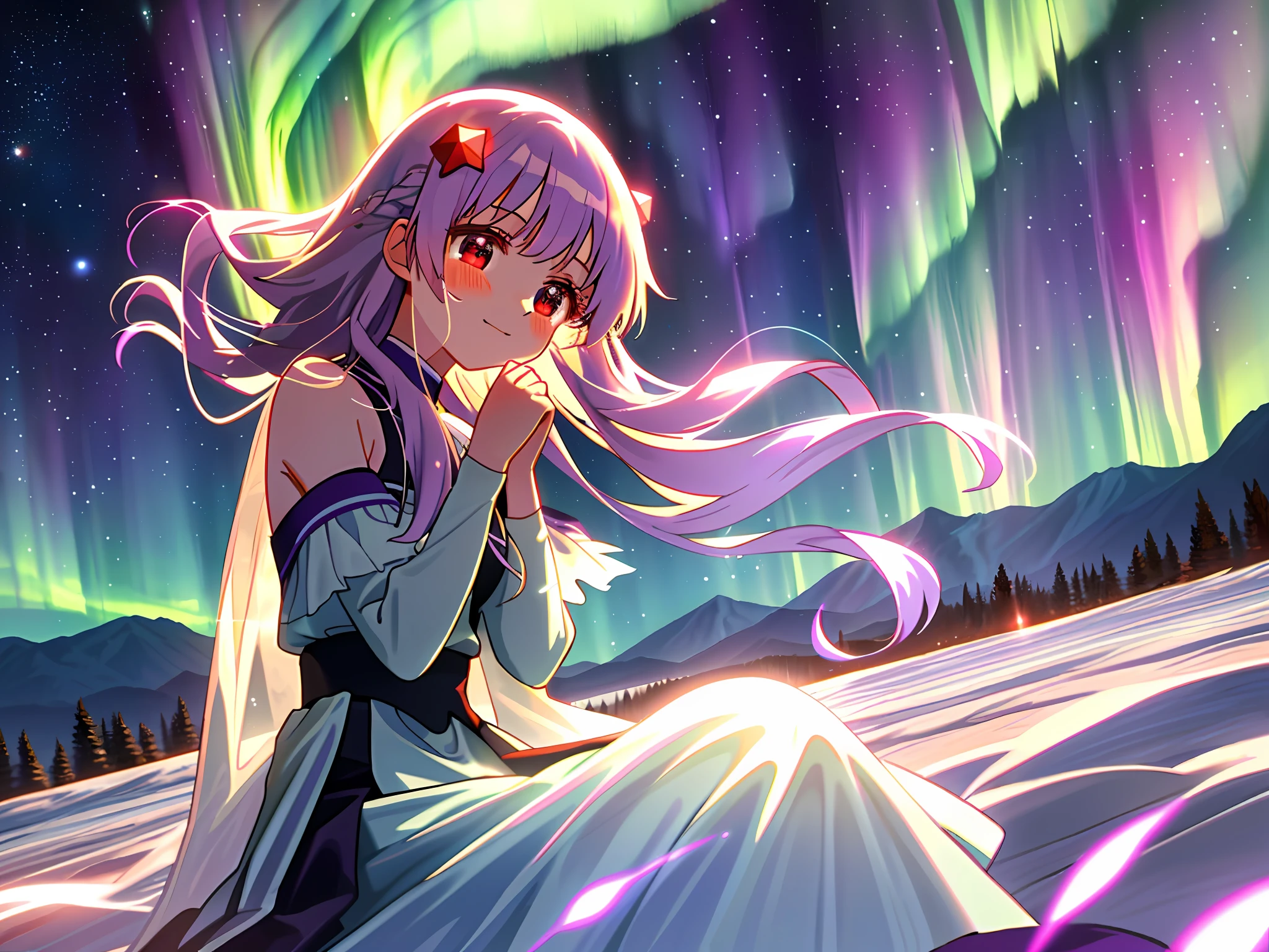 Wilderness, mountains, light masses, aurora covering the sky, young girl, alone, scattered long hair, purple hair, blonde hair at the end of the hair, star hair ornaments, delicate and beautiful face, excited eyes, tears, moonlight, fingers touching hair, sitting, looking down, glowing red eyes, bare shoulders, red heart adorning skirt