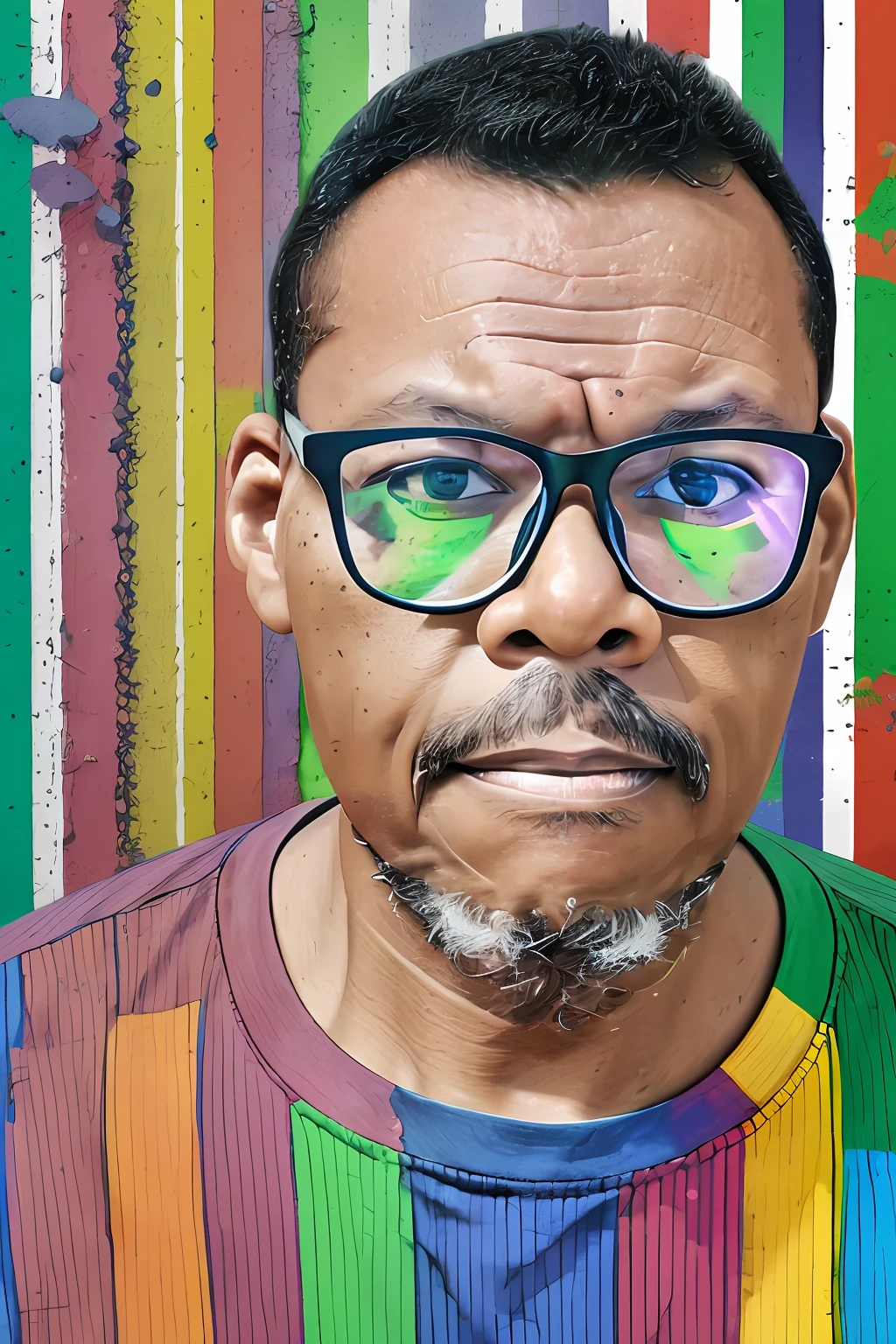 guttonerdvision3, detailed portrait of a 50-year-old man wearing glasses, face and ultra detailed skin, (wearing horizontal striped T-shirt with the colors of the rainbow), full body, splash background of colored ink, eye level