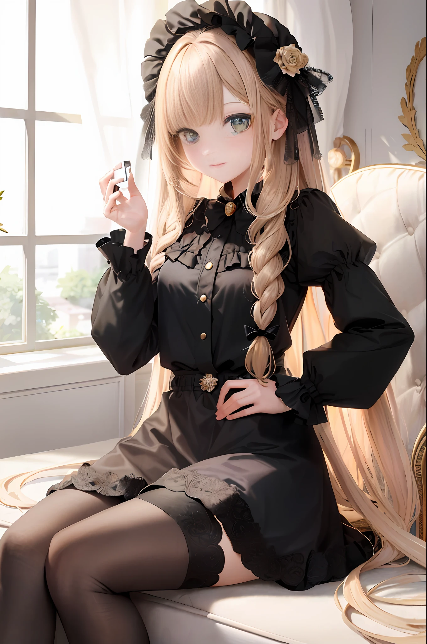 Masterpiece, top quality, super detailed, beautiful lighting, 1 girl, light brown hair and blonde mixed hair, straight long hair with bangs patsun with braids on the right side and ribbons at the tips, emerald green eyes, +_+, burgundy ruffled goth loli clothes, ribbon with brooch at the collar, smile, watching the viewer, relaxing and comfortable stay in luxury suite, holding a black cat