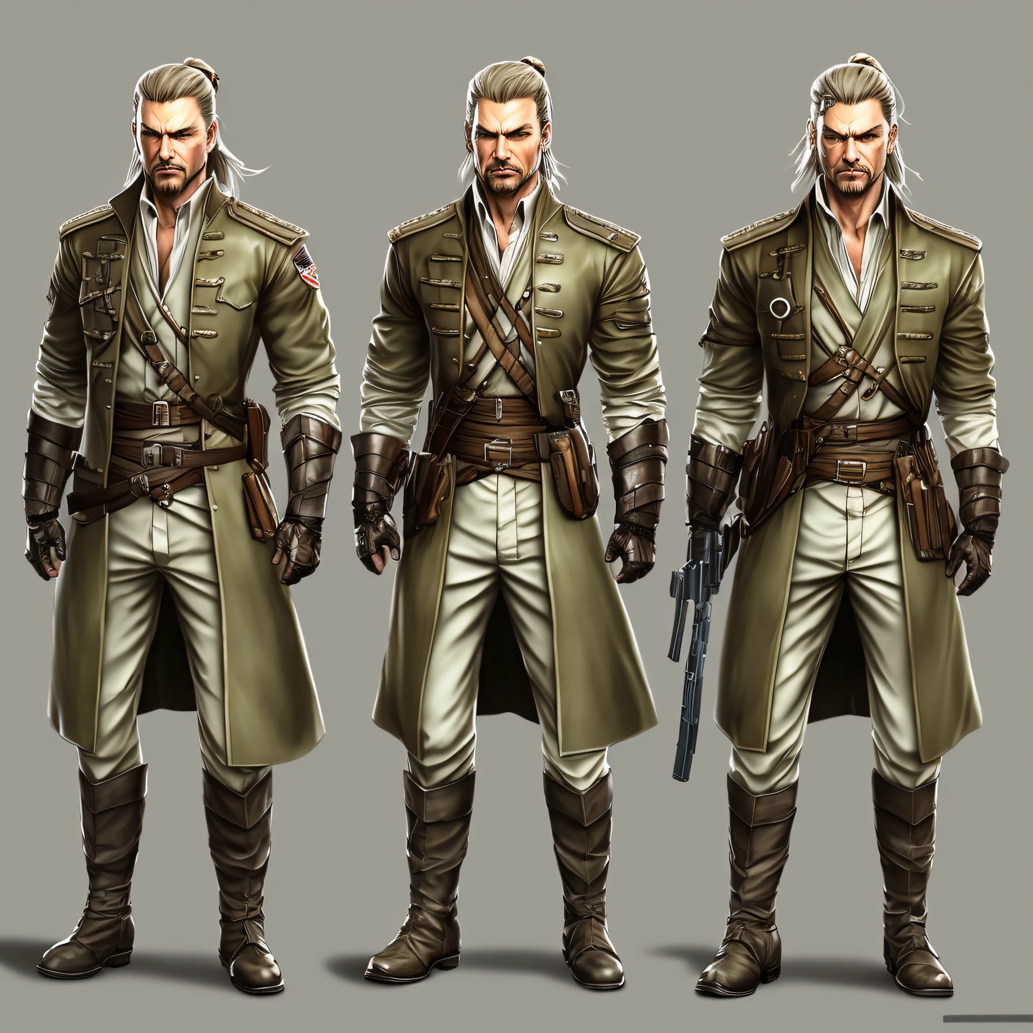 character ANIME man, FULL BODY, standing, GOVERNOR, long blonde hair tied, hair shaved, hair bun samurai, ((design sketches)), (masterpiece), extremely detailed, (original design reserved), governor, revolver Ocelot MGS3 (random poses),Ocelot, (unique accessories), (clean clothes), (elegant) professionally retouched, white background, (male: 1.1) soldier, rich (government officer bail r: 0.8), (dirty: 1.1), (movement: 0.8), (young: 1.3), (sprint: 0.6) (metal gear solid 3 concept) (ocelot concept metal gear solid 3) (The Walking Dead concept) (Vikings concept) --auto --s2
