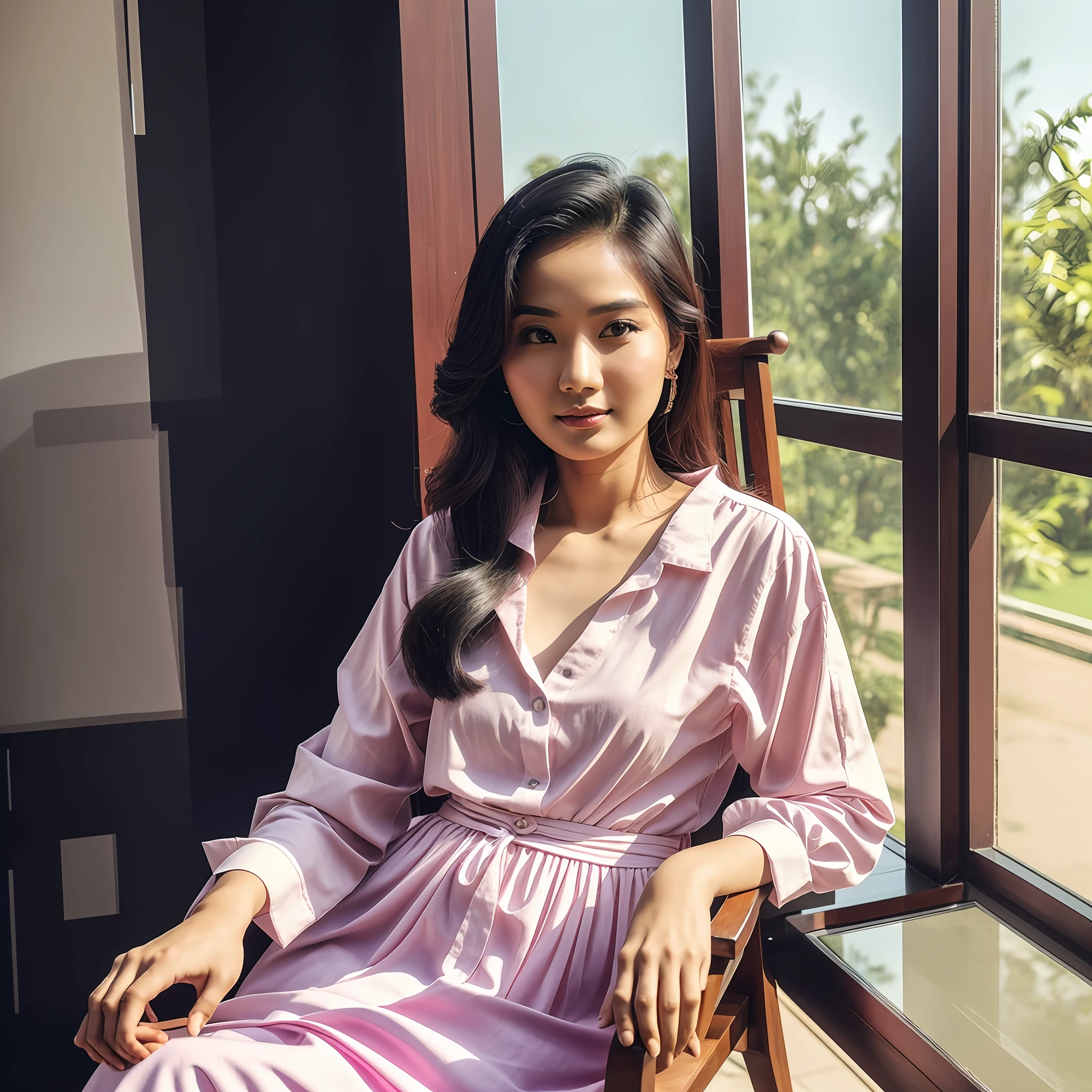 there is a woman sitting in a chair , nivanh chanthara, 30 years old woman, thawan duchanee, in style of thawan duchanee, beautiful image, selfie photo, on a sunny day, cute photo, 2 7 years old, 2 8 years old --auto --s2