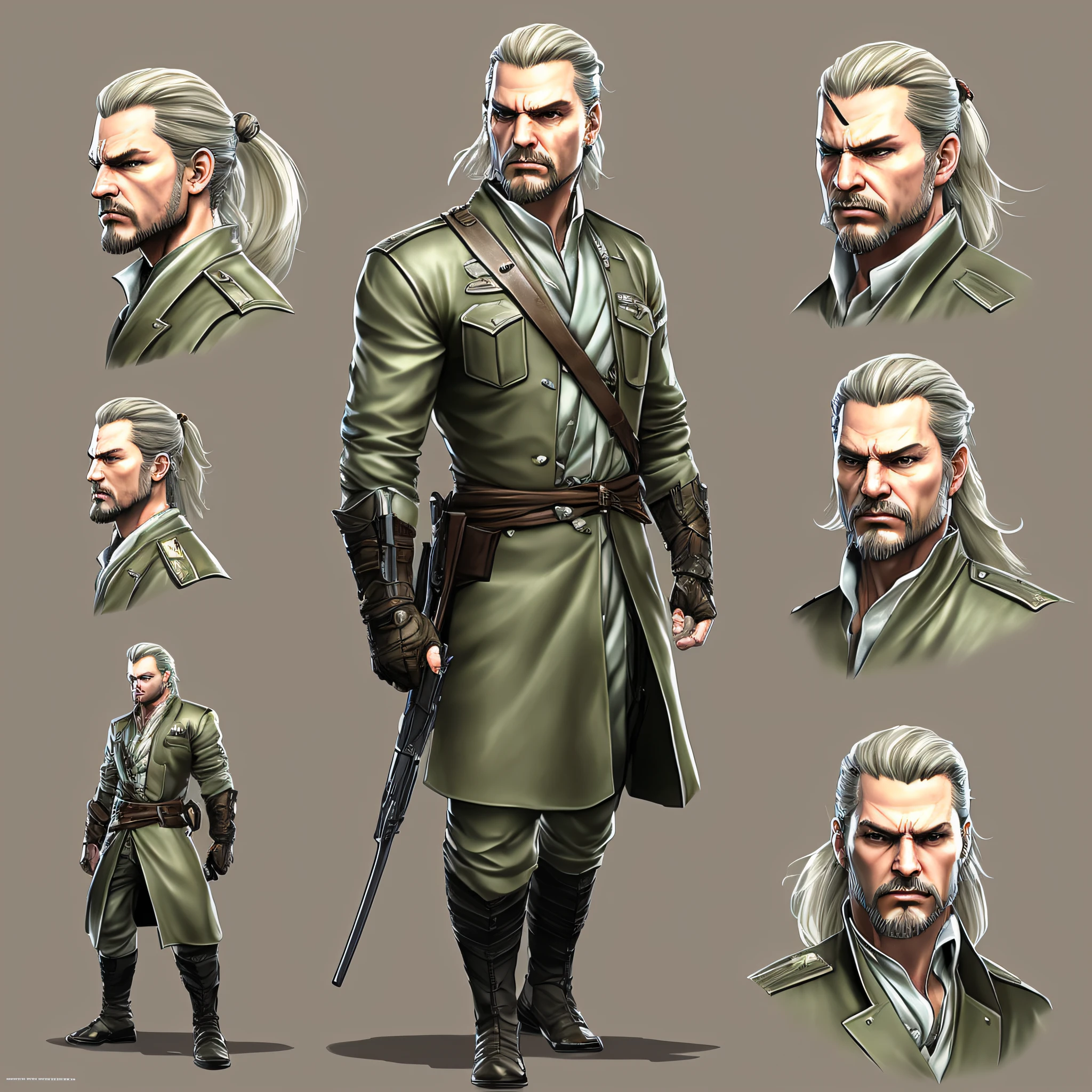 character ANIME man, FULL BODY, standing, GOVERNOR, long blonde hair tied, hair shaved, hair bun samurai, ((design sketches)), (masterpiece), extremely detailed, (original design reserved), governor, revolver Ocelot MGS3 (random poses),Ocelot, (unique accessories), (clean clothes), (elegant) professionally retouched, white background, (male: 1.1) soldier, rich (government officer bail r: 0.8), (dirty: 1.1), (movement: 0.8), (young: 1.3), (sprint: 0.6) (metal gear solid 3 concept) (ocelot concept metal gear solid 3) (The Walking Dead concept) (Vikings concept) --auto --s2