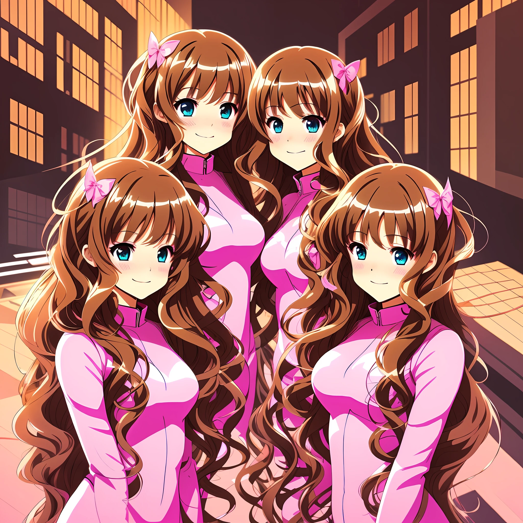 perfect anime illustration, multiple girls, teenage girls, clones, identical sisters, crowded, brown hair, curly hair, long hair, matching hairstyle, hazel eyes, smiling, pink bodysuits, matching outfits, highres, full body, group picture