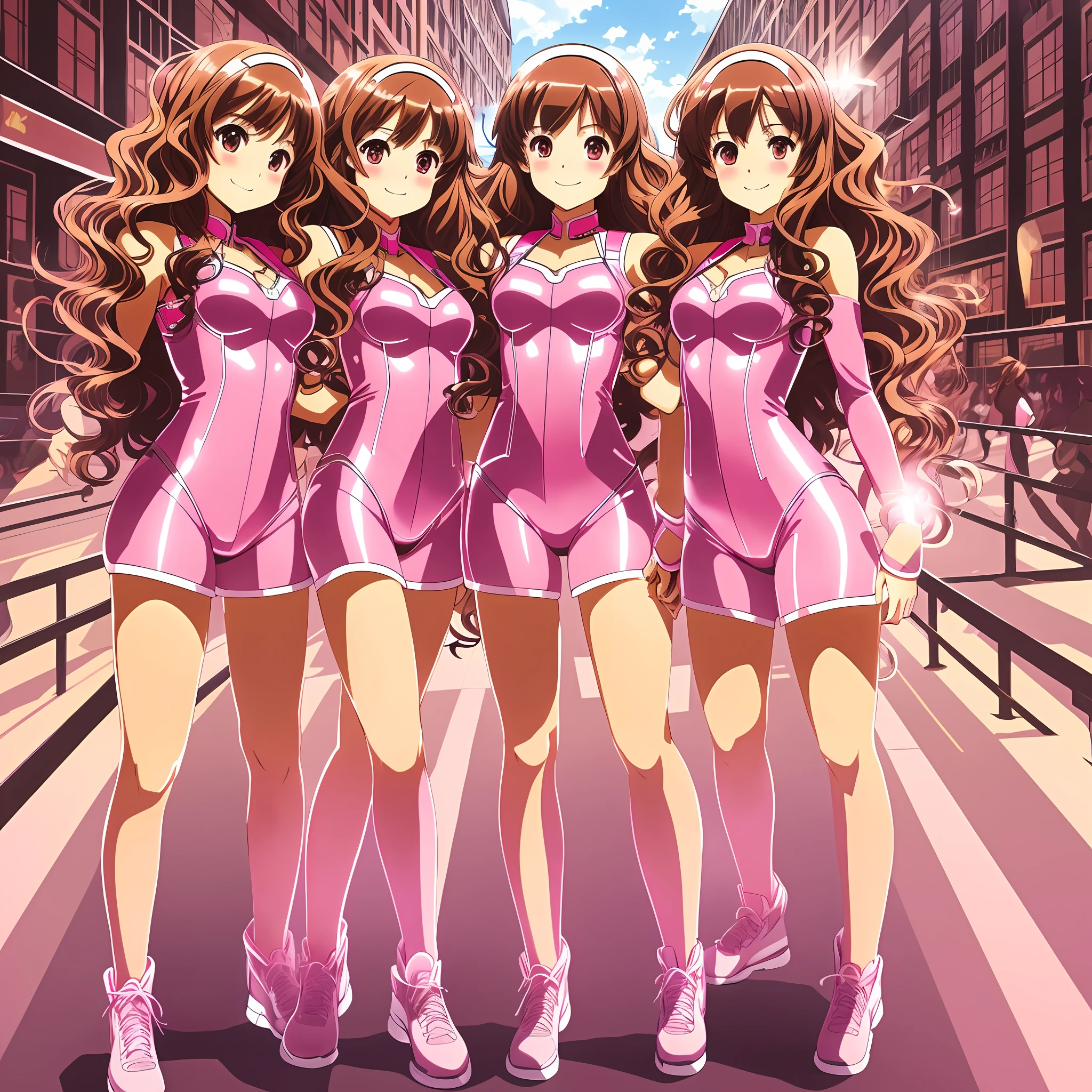 perfect anime illustration, multiple girls, teenage girls, clones, identical sisters, crowded, brown hair, curly hair, long hair, matching hairstyle, hazel eyes, smiling, pink bodysuits, matching outfits, highres, full body, group picture