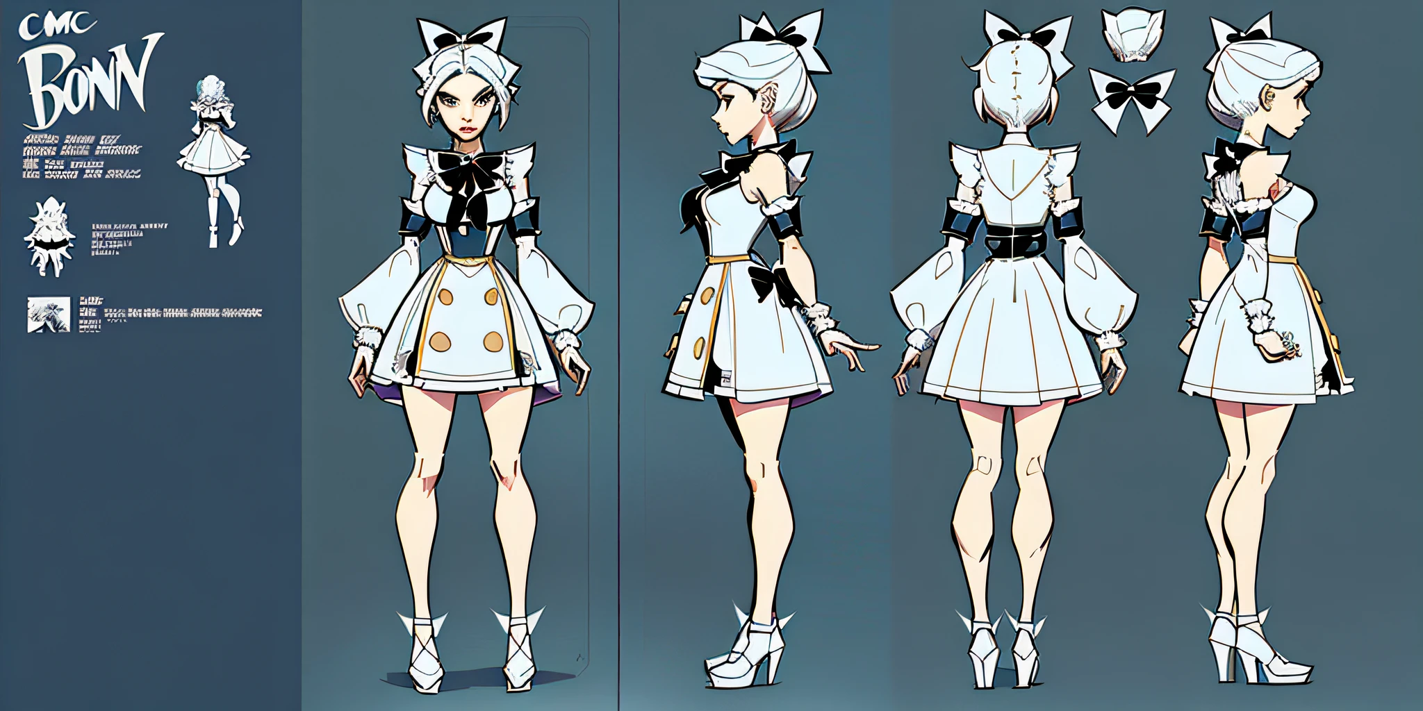 comic character design of a young woman in a short dress with a bow, character design art, highly detailed character design, [ character design ], detailed full body concept, detailed character design, detailed full body concept art, fashion concept art, full body character design, cute anime character design,  high quality character design, character concept design, comic character design, unrealistic character concept