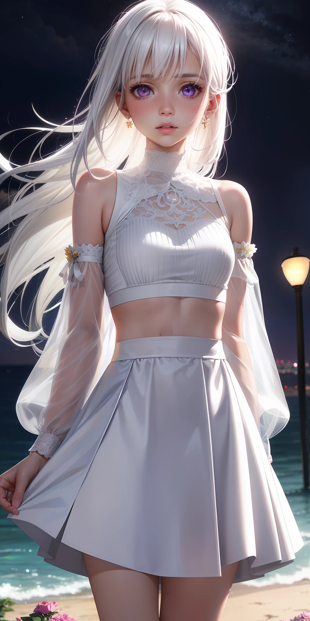 Realistic, 1girl, white hair, purple eyes, glowing eyes, cropped top, skirt, parted lips, blush, night, flowers, sun, sunlight, white skirt, short skirt, medium length hair, real, warm colors, white short Dress, white clothes, light background color, day environment, bright color background, saudi, ocean, cute,