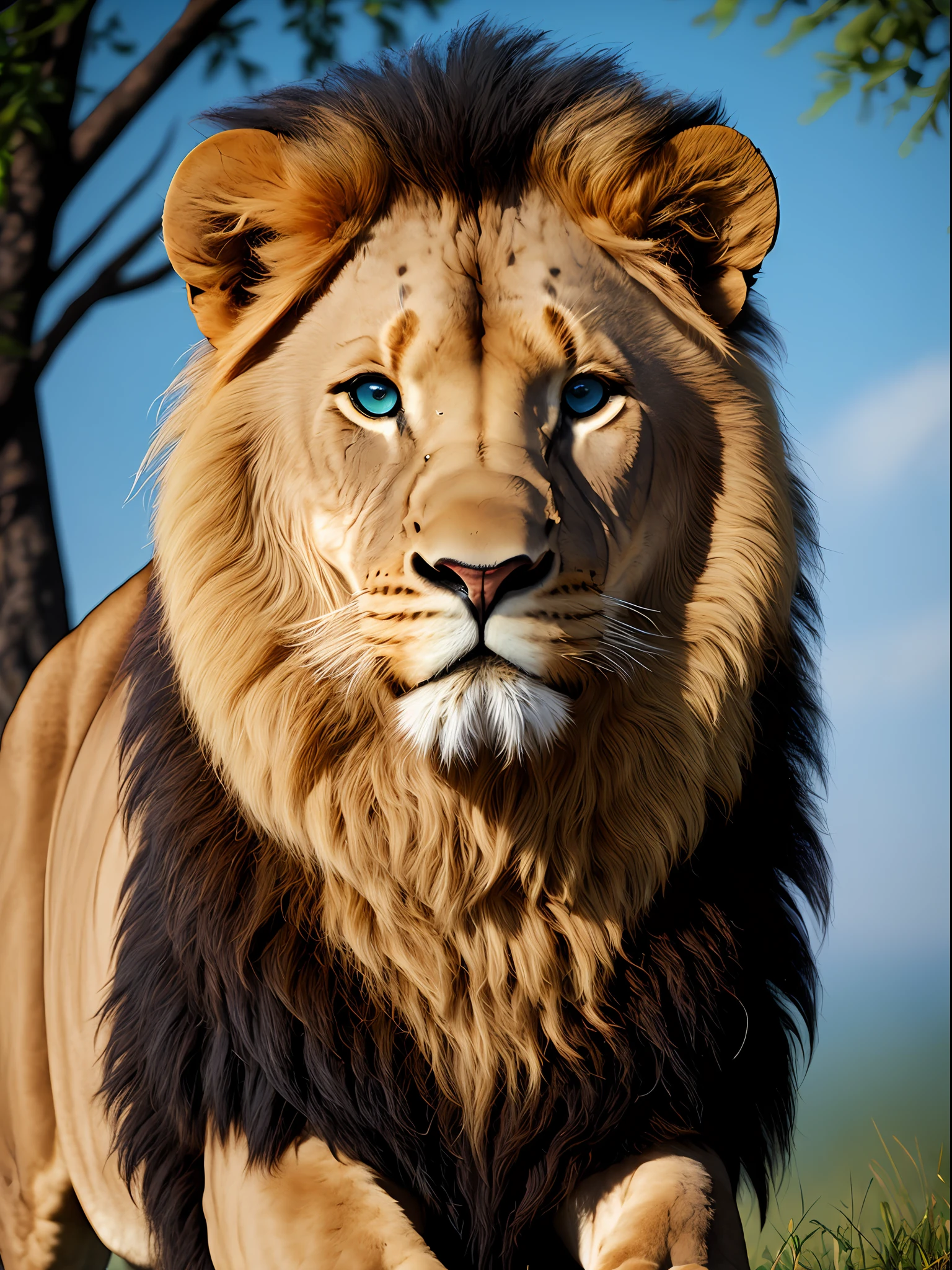 Create a masterpiece of the best quality in 8K resolution with ultra detail and very realistic of a full-body lion with dark background and bright blue eyes