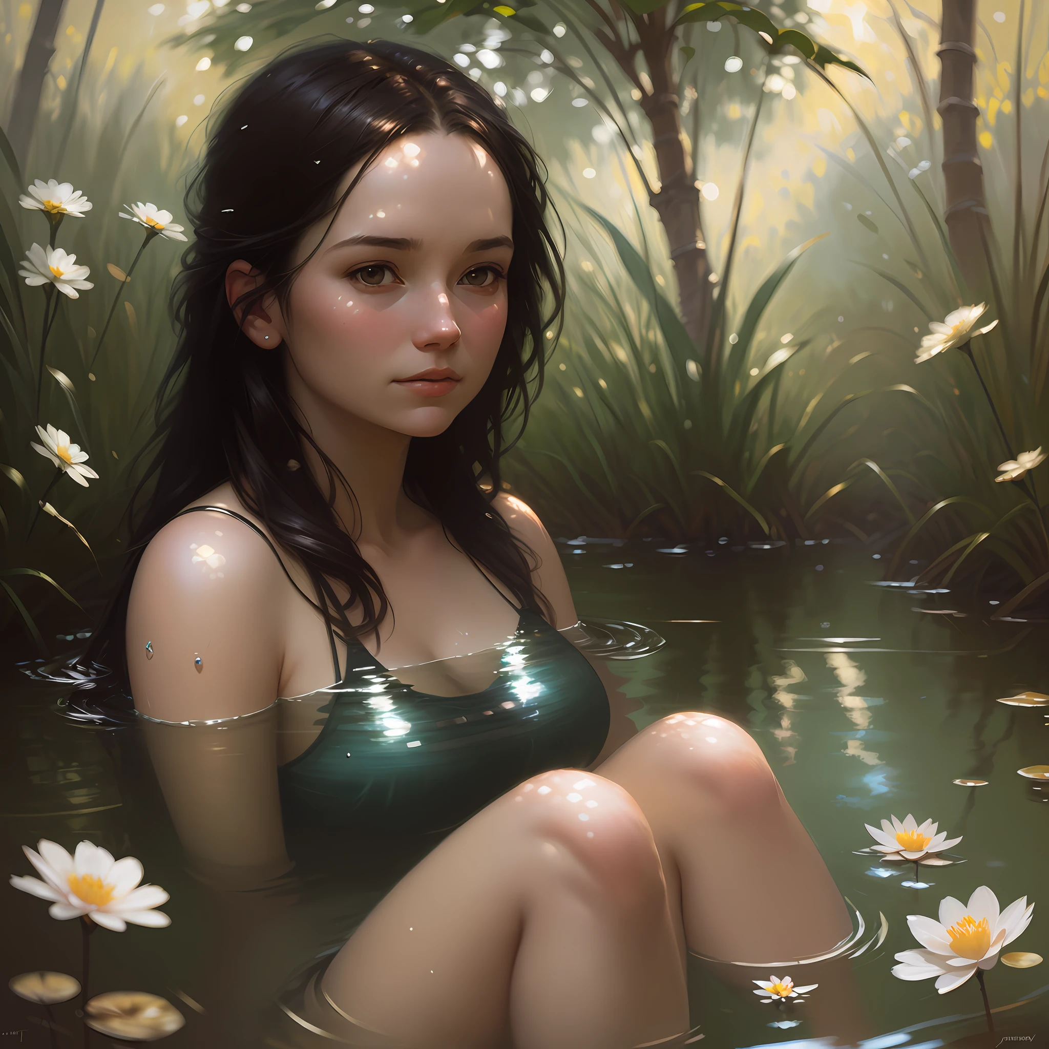 closeup portrait of a cute woman (gldot) bathing in a river, reeds, (backlighting), realistic, masterpiece, high quality, lens flare, shadow, flower, [[chromatic aberration]], by Jeremy Lipking, by Antonio J. Manzanedo, digital painting,
