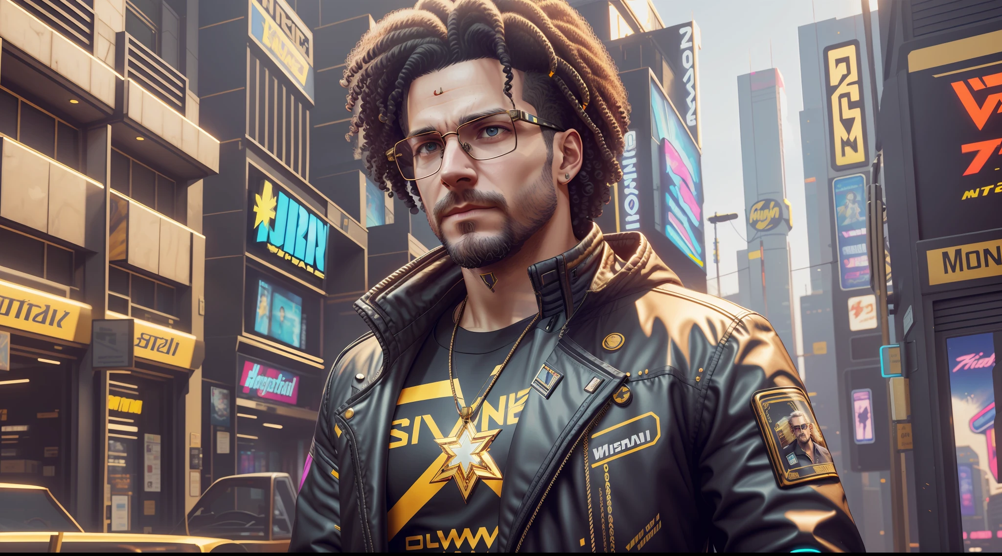 a painting of a white man in prescription glasses, black curly hair, background, cyberpunk 2077 style, gold band around his breasts --auto --s2