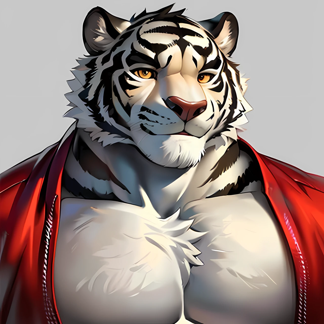 kemono,(a huge white tiger bear:1.4),bara,muscular,muscular male,mature male,solo,anthro male tiger,(man in Chinese traditional red|patterned clothes:1.2) (1 person),furry,solo,(((wink))),simple background,ink splash,light smile,
detailed eyes,ultra detailed,detailed fur texture,( bust portrait:1.4),
(white body),very huge muscles,very large muscles,high quality,impasto \(artwork\),by (by Michael & Inessa Garmash,by fffffolder,by Pino Daeni,by snowskau, (by ruaidri), yupa, kiyosan),looking at viewer,