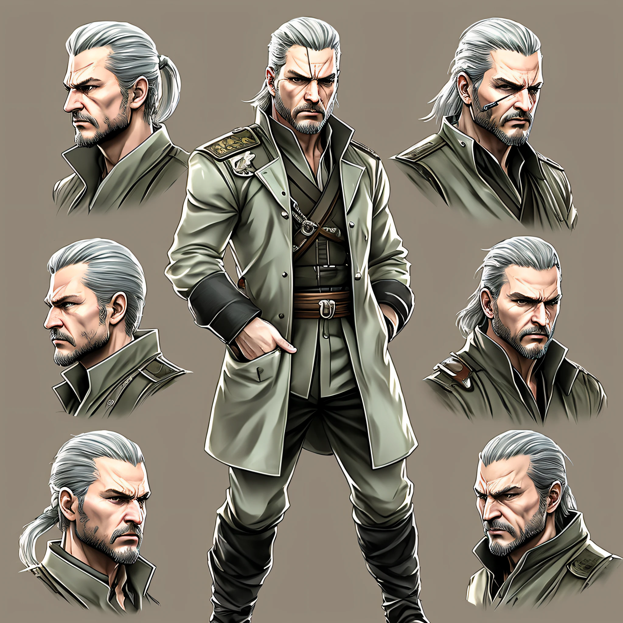 character ANIME man, FULL BODY, standing, GOVERNOR, long blonde hair tied, hair shaved, hair bun samurai, ((design sketches)), (masterpiece), extremely detailed, Hands in pocket,(original design reserved), governor, revolver Ocelot MGS3 (random poses),Ocelot, (unique accessories), (clean white clothes), (elegant) professionally retouched, white background, (male: 1.1) soldier, rich (government official bail r:  0.8), (dirty: 1.1), (movement: 0.8), (young: 1.3), (sprint: 0.6) (metal gear solid 3 concept) (ocelot concept Metal gear solid 3) (The Walking Dead concept) (Vikings concept) --auto --s2
