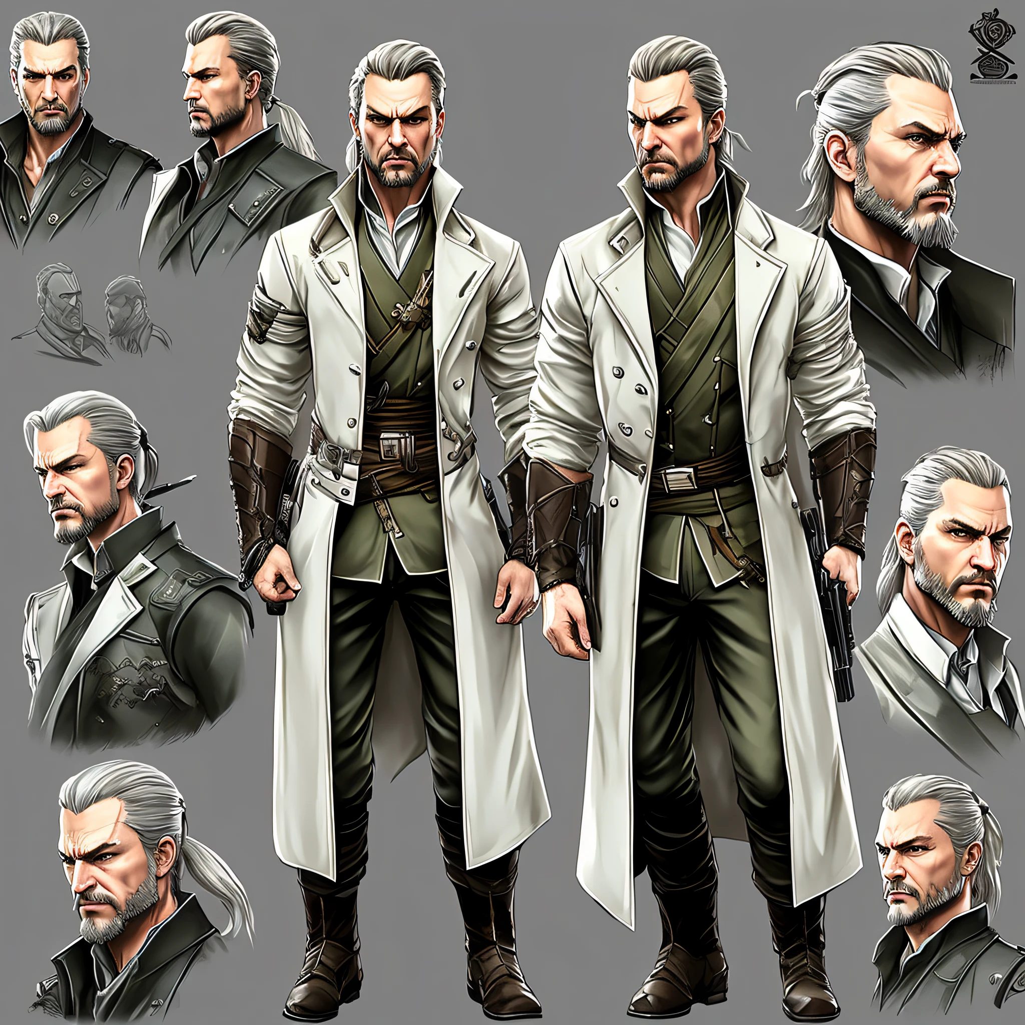 character ANIME man, FULL BODY, standing, GOVERNOR, long blonde hair tied, hair shaved, hair bun samurai, ((design sketches)), (masterpiece), extremely detailed, Hands in pocket,(original design reserved), governor, revolver Ocelot MGS3 (random poses),Ocelot, (unique accessories), (clean white clothes), (elegant) professionally retouched, white background, (male: 1.1) soldier, rich (government official bail r: 0.8), (dirty: 1.1), (movement: 0.8), (young: 1.3), (sprint: 0.6) (metal gear solid 3 concept) (ocelot concept Metal gear solid 3) (The Walking Dead concept) (Vikings concept) --auto --s2