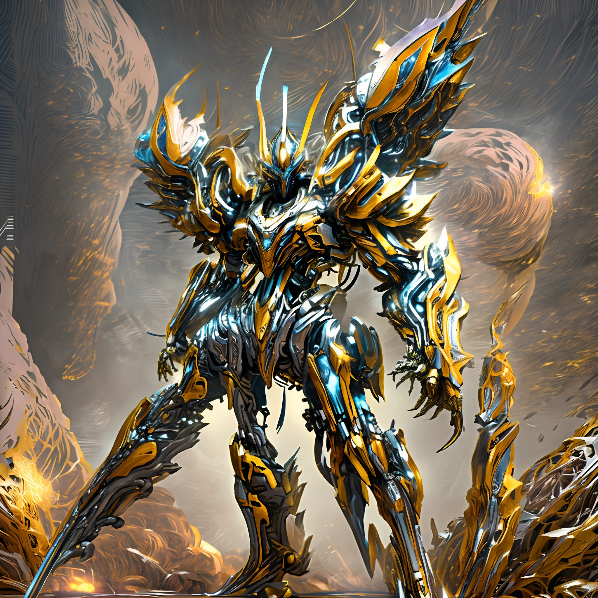 A giant humanoid mecha with barrels on the shoulders, 2 arms, 2 legs, futuristic, has a typical weapon in his hands, black giant rifle with golden edges and a tank of liquid worm , (solo:1.4), one (((mecha))) with an elegant and menacing design, (axisymmetric:1.4), (Very long leg:1.5), a blue mechanical heart emits a faint glow in the middle of its chest, very detailed, colorful, supreme detail, the mecha has a purple torso with golden and silver mechanical wings on his back, machine gods, wears a golden crown that floats above his head, photography, epic rendering, octane, atmosphere, particles, (Transformers), (masterpiece, top quality, best quality, official art, ((masterpiece)), (best quality), (HDR), dust cloud in the background, Mecha illuminated by the full moon, portrait, 2 moons, red moon, white moon, mecha in the foreground